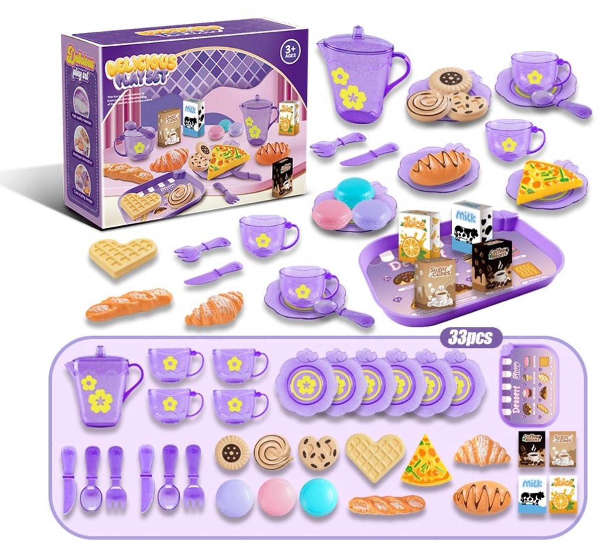 33 - delige set/Kinderspeelgoedkeukenaccessoires/Kinderkok rollenspel/Keukengerei en theeservies/Verjaardagscadeau, vakantiecadeau