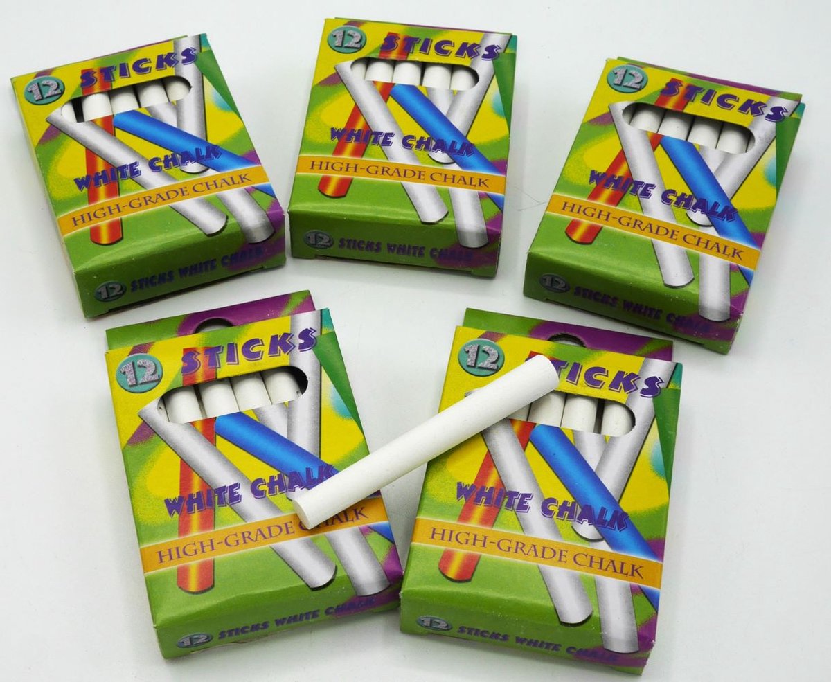 Schoolbordkrijtjes wit 5 doosjes van 12 stuks