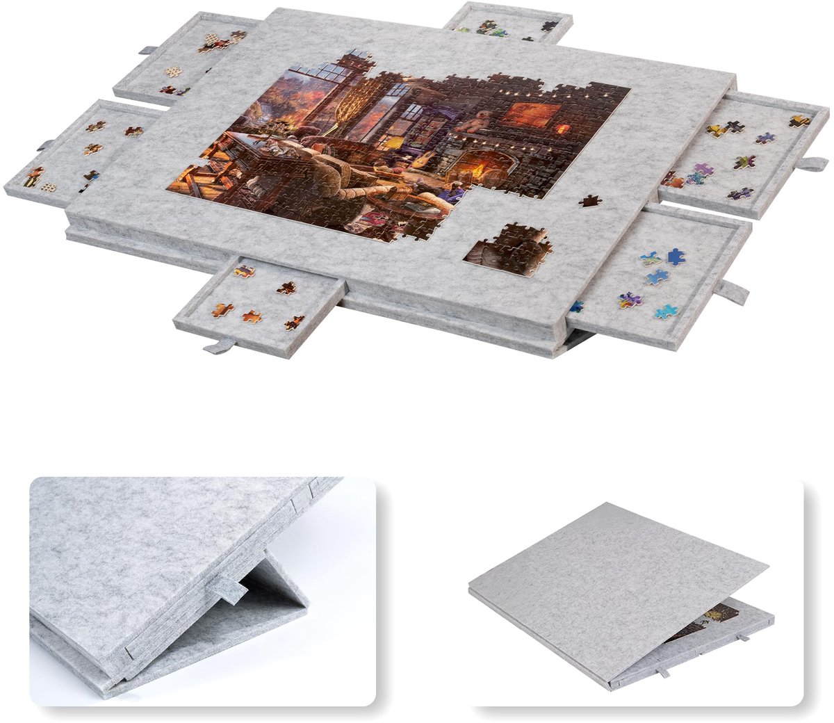  ® 2-in-1 Puzzelbord met Standaard & Deksel – Puzzeltafel voor 1000 Stukjes – Lichtgewicht & Draagbaar Puzzel Accessoire – Met 6 Sorteerlades – Voor Kinderen & Volwassenen – Puzzelhulp & Cadeau - Lichtgrijs