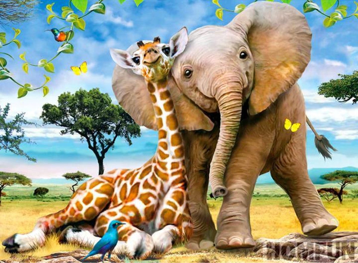 Diamond Painting -  Blije Olifant & Giraffe – BFF / Best Friends Forever – 30x40 cm – Ronde steentjes – Volledige bedekking. Compleet pakket inclusief tools. Door de ronde steentjes ook ideaal voor beginners en kinderen.