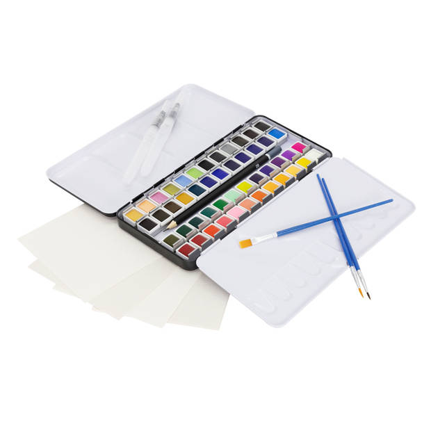 ECD Germany Aquarelset 48 kleuren in draagbare doos, 3 penselen, 1 potlood 2B, 2 aquarelpotloden, 4 aquarelpapieren