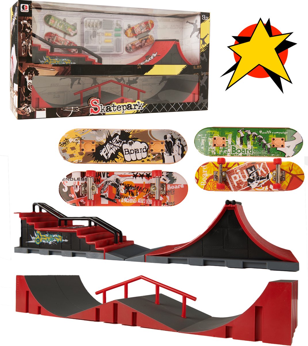 Fingerboard skatepark - Fingerboard - Vingerboard -  De meest complete set op Bol.com - 5 skate ramps -  4 skateboarden + allemaal wisselstukken - Het perfecte alles-in-één cadeau