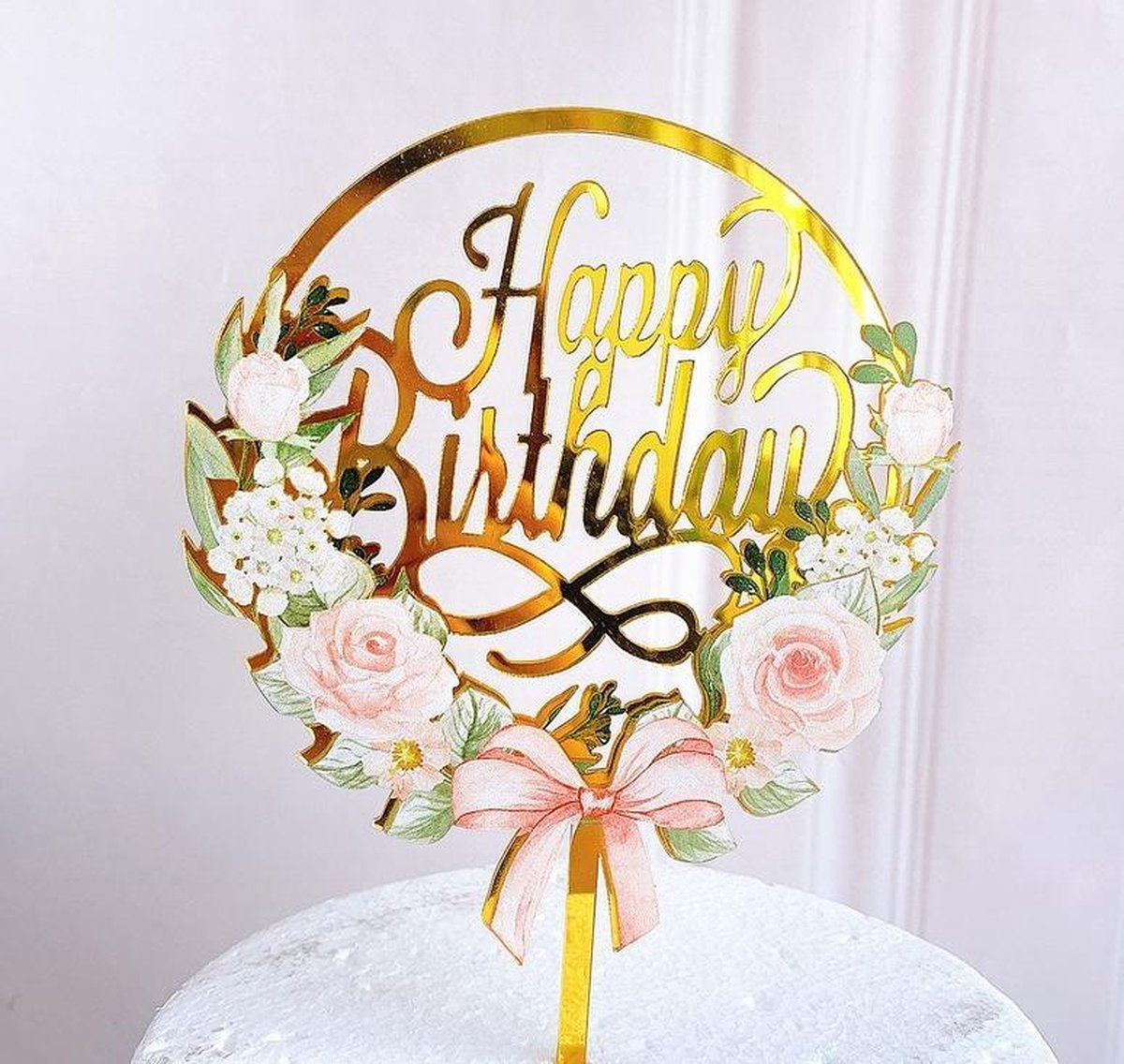 Cake Topper happy birthday Bloem Gold - verjaardag taartdecoratie - taart topper - taart versiering