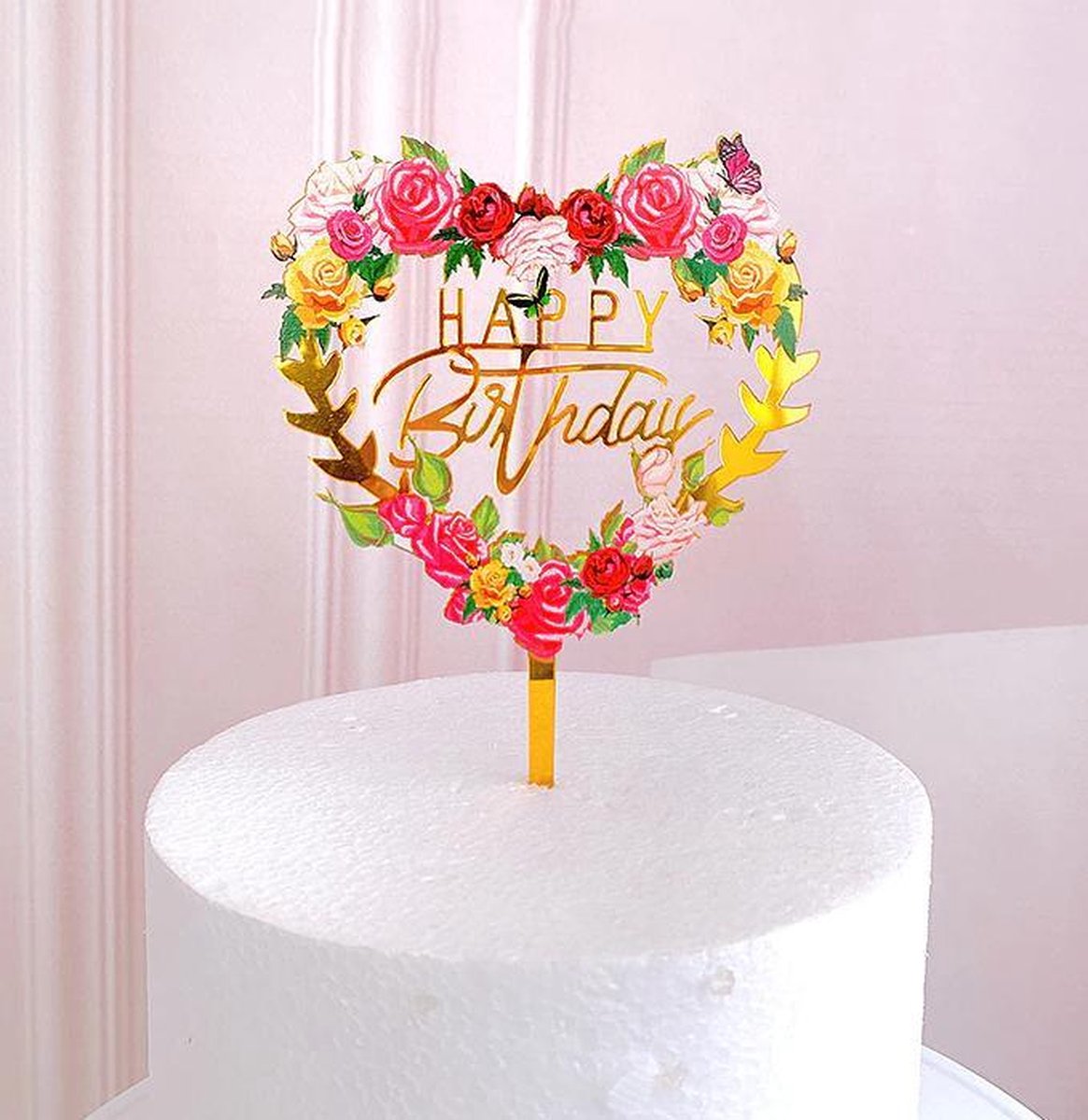 Cake Topper happy birthday Bloemen hartje - verjaardag taartdecoratie - taart topper - taart versiering