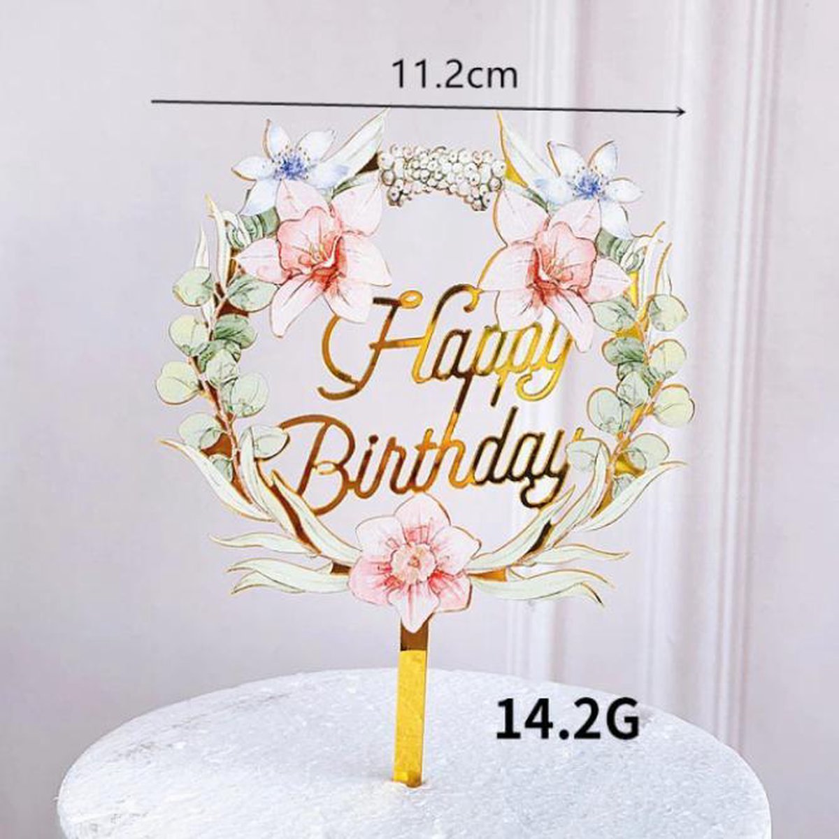 Cake Topper happy birthday roze bloemen - verjaardag taartdecoratie - taart topper - taart versiering