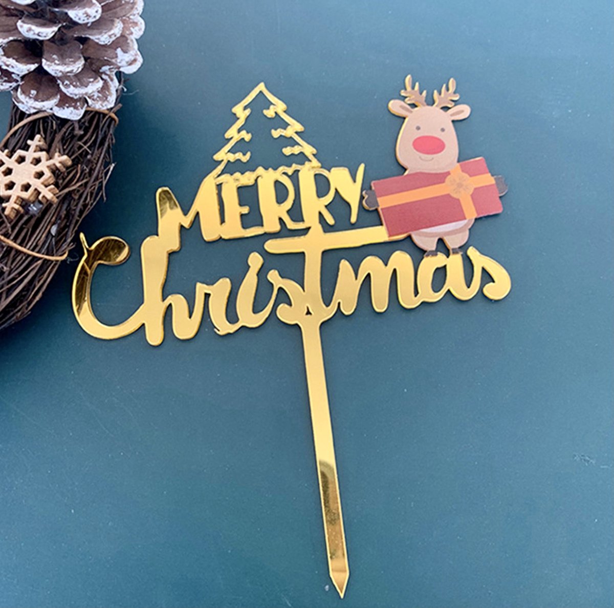 Marry Christmas Taart Topper set - Taart topper - Cake topper - Marry Cristmas - Let op: Goud Kerstboom Rendier