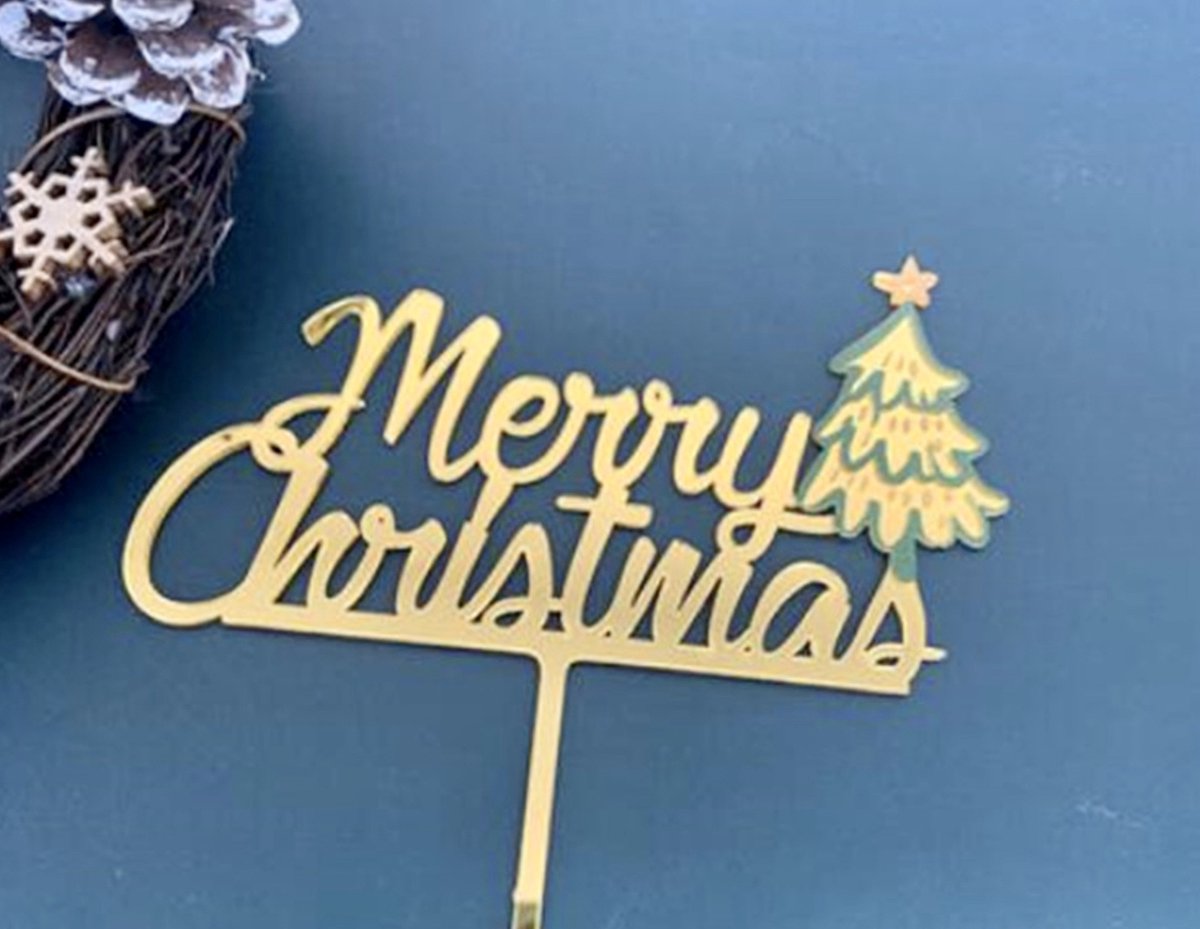 Marry Christmas Taart Topper set - Taart topper - Cake topper - Marry Cristmas - Let op: Goud kerstboom