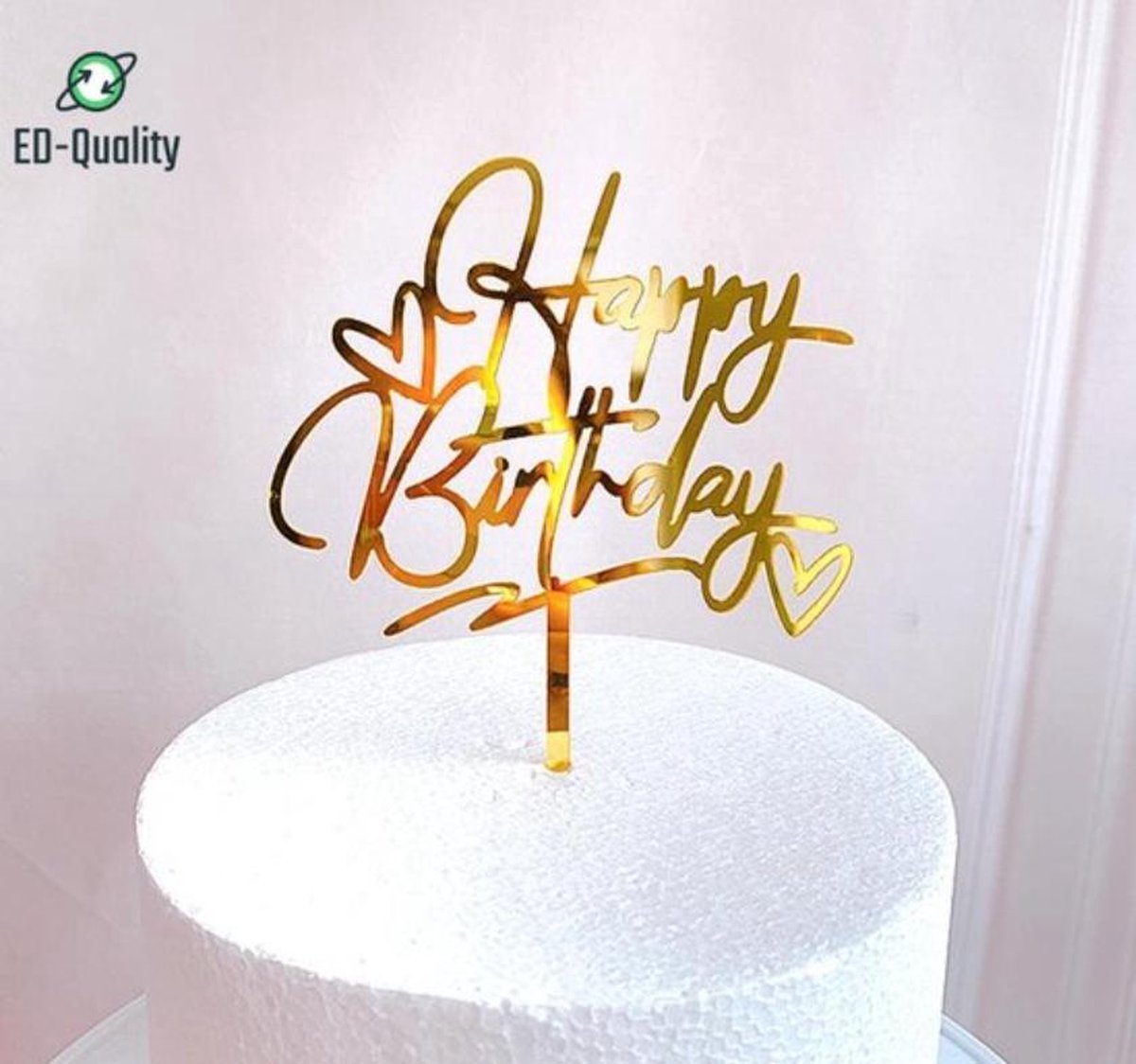 cake topper (Gold) - Happy birthday -EDQuality cake topper - caketopper - Roze spiegelend - verjaardag - taartdecoratie - taart topper - taart versiering