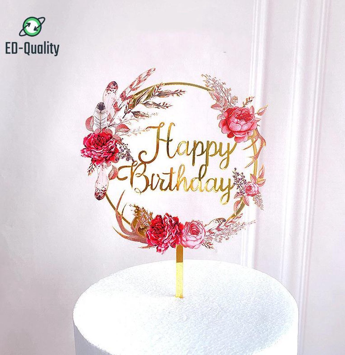 cake topper (goud) Met bloemen - Happy birthday -EDQuality cake topper - caketopper - goud met bloemen - gold - verjaardag - taartdecoratie - taart topper - taart versiering