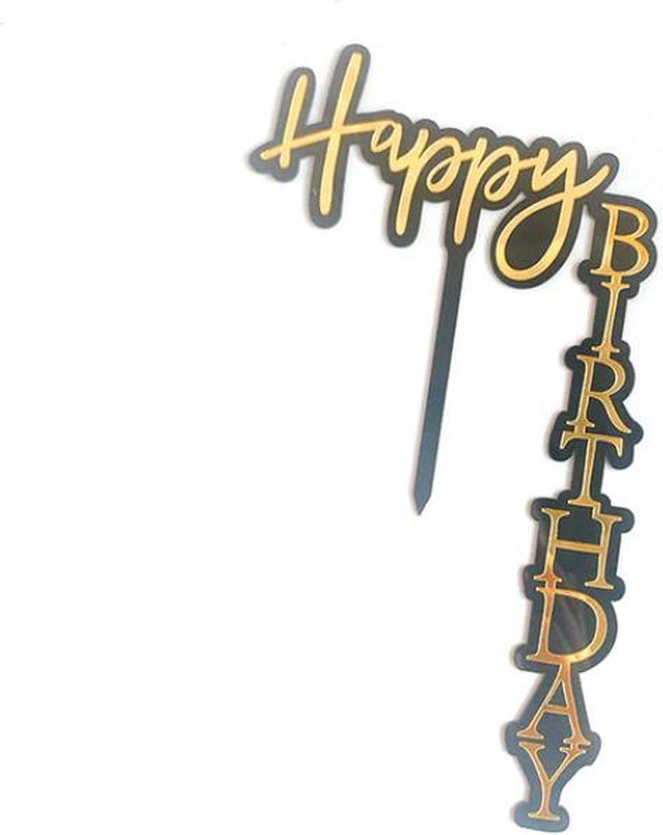 cake topper Goud/zwart - Happy birthday -EDQuality cake topper - caketopper - goud met bloemen - gold - verjaardag - taartdecoratie - taart topper - taart versiering