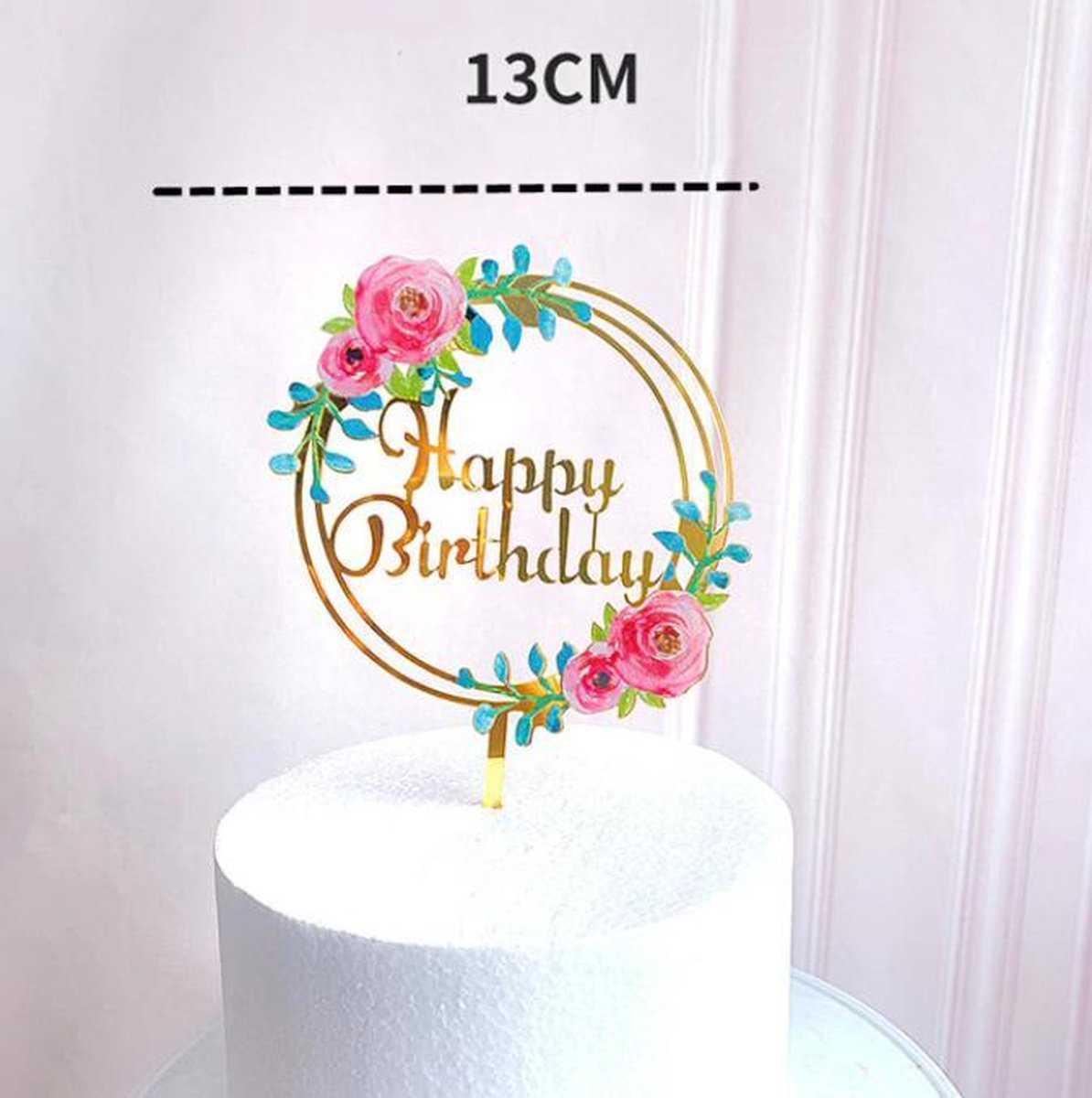 cake topper Met bloemen 2 - Happy birthday -EDQuality cake topper - caketopper - goud met bloemen - gold - verjaardag - taartdecoratie - taart topper - taart versiering