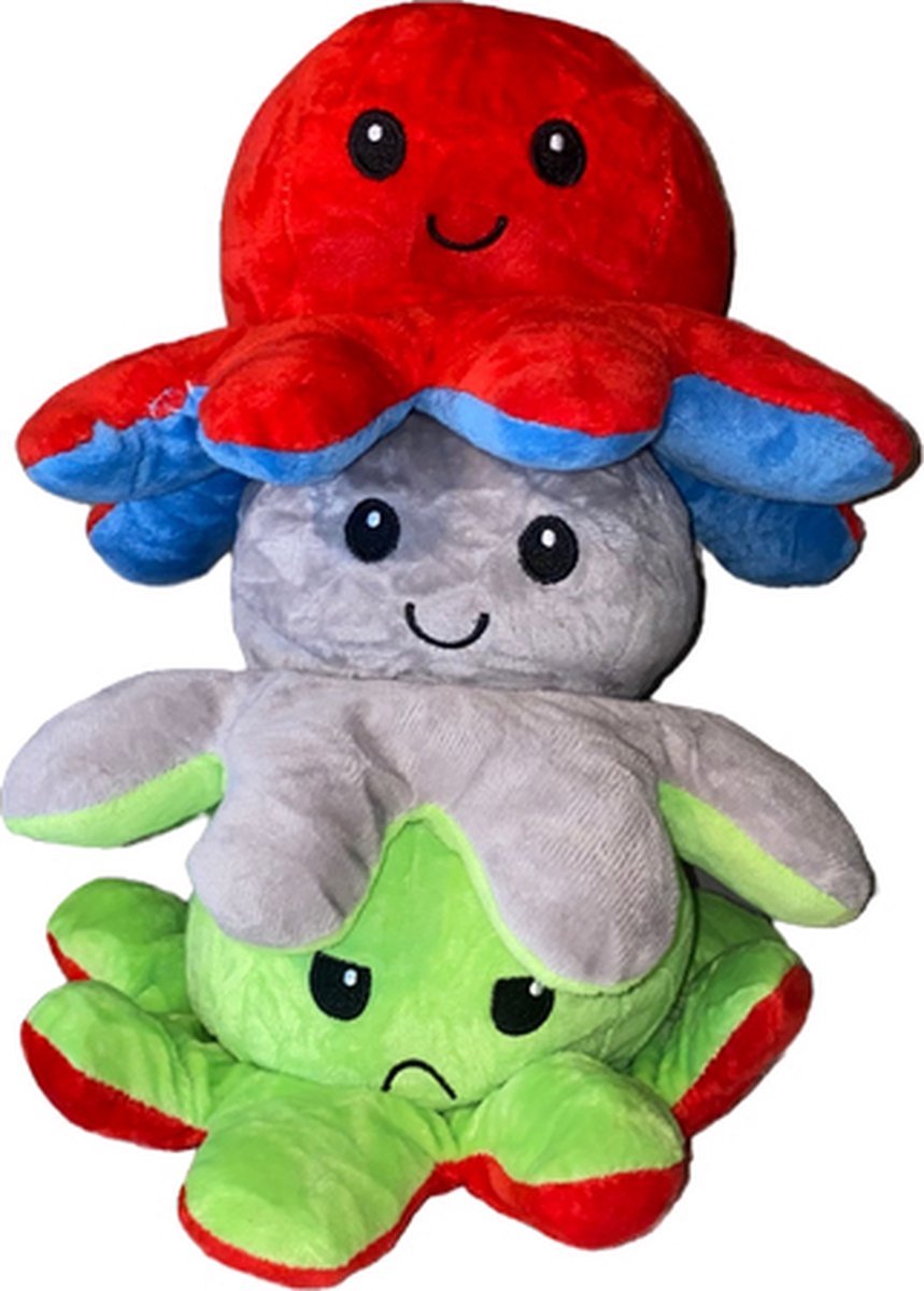 3-PACK - Home Speelgoed  Knuffels & Knuffeldoekjes  Interactieve knuffels  Octopus knuffel - Octopus knuffel mood - Octopus Knuffel Omkeerbaar - Reversible - Emotieknuffel - mood knuffel - ENSO GEMS -  Grijs Groen / Groen Rood / Blauw Rood - TikTok