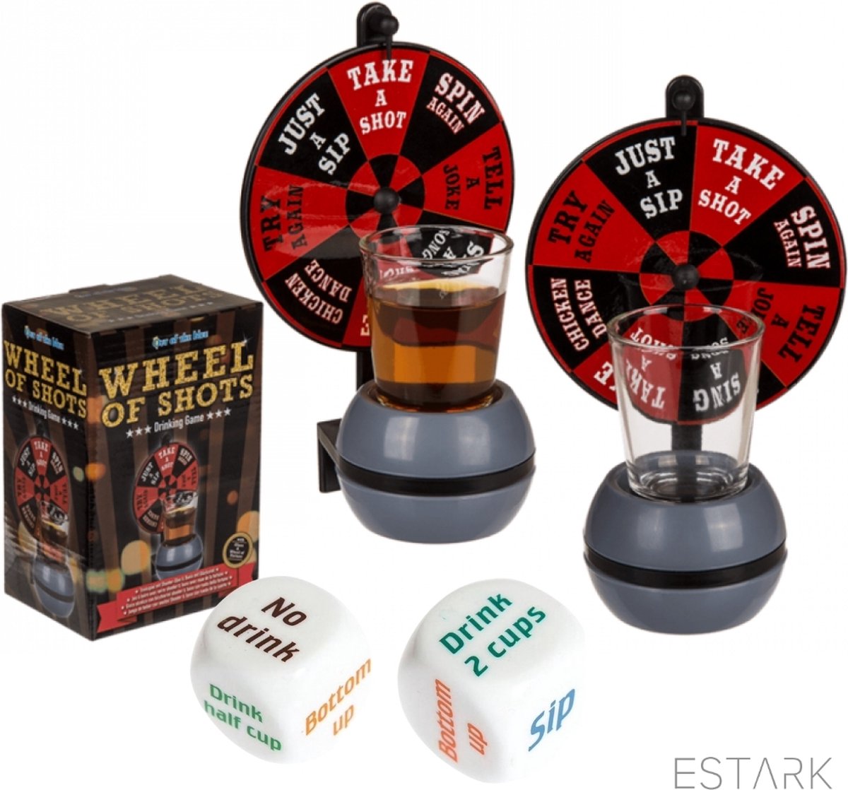 ESTARK Drankspel / Drinkspel - Draaiwiel Met Opdrachten - Shotglas - Dobbelstenen met Doe Opdracht - Roulette - Drankspelletje - Drink - Drank - Spel - Drinken - Shots - Party - Partyspel - Dobbelen - LUXE SET - 4 Delig