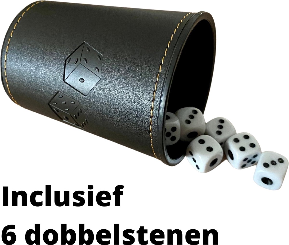   Witte Dobbelstenen Met Werpbeker - Luxe dobbelstenen - Luxe Lederen Werpbeker - 6 x Dobbelsteen - Leer Zwart