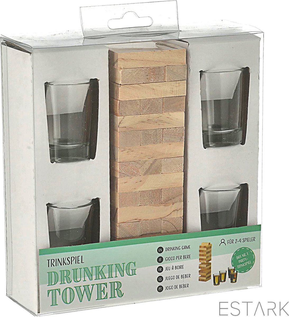 ESTARK® Drankspel - Jenga - Stapeltoren - Shotjes - Drinkspel - Spel - Drunken / Tipsy Tower - Drinkspel - Gezelschapsspel Voor Volwassenen - Drank Spel - Incl 4 Glazen Shot Cups - Hout 16cm