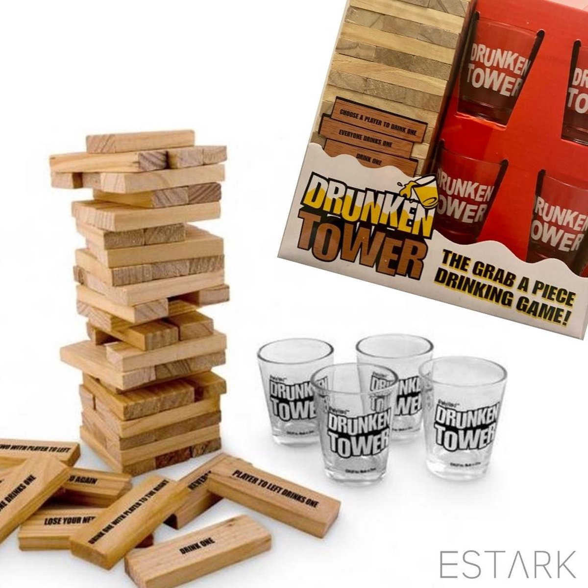 ESTARK® Drankspel - Jenga - Stapeltoren - Shotjes - Drinkspel - Spel - Drunken / Tipsy Tower - Drinkspel - Gezelschapsspel Voor Volwassenen - Drank Spel - Incl 4 Glazen Shot Cups - Hout