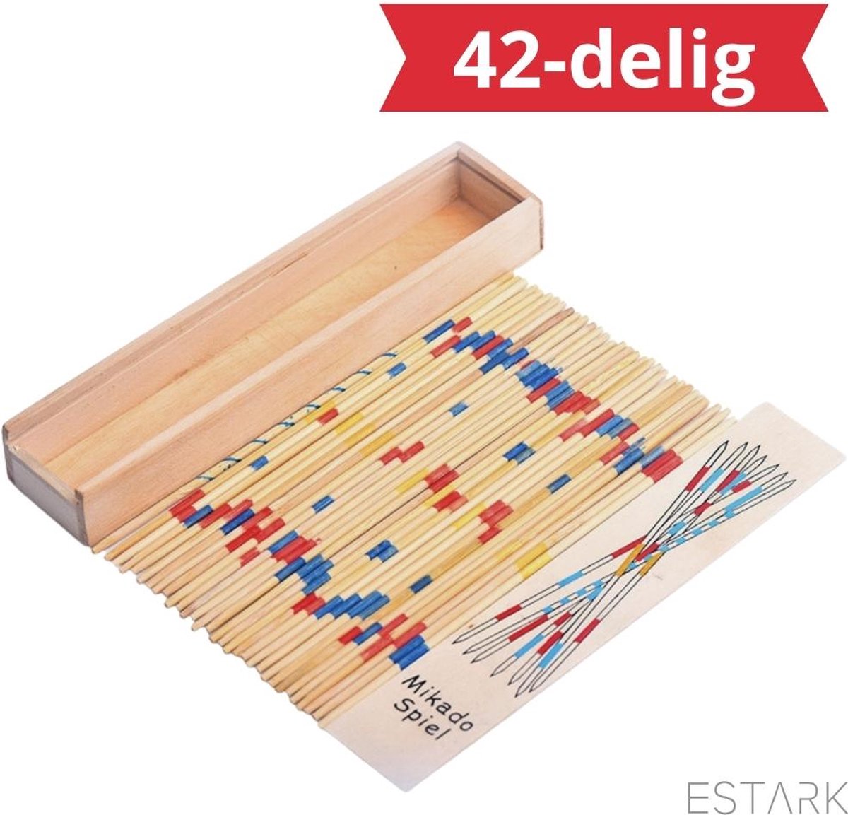 ESTARK® Mikado Spel - Houten Mikado Game - Luxe edition - 42-delig - in houten kistje - met spelregels - 20CM - Spel Houten Stokjes - Gezelschapsspel - MIKADO