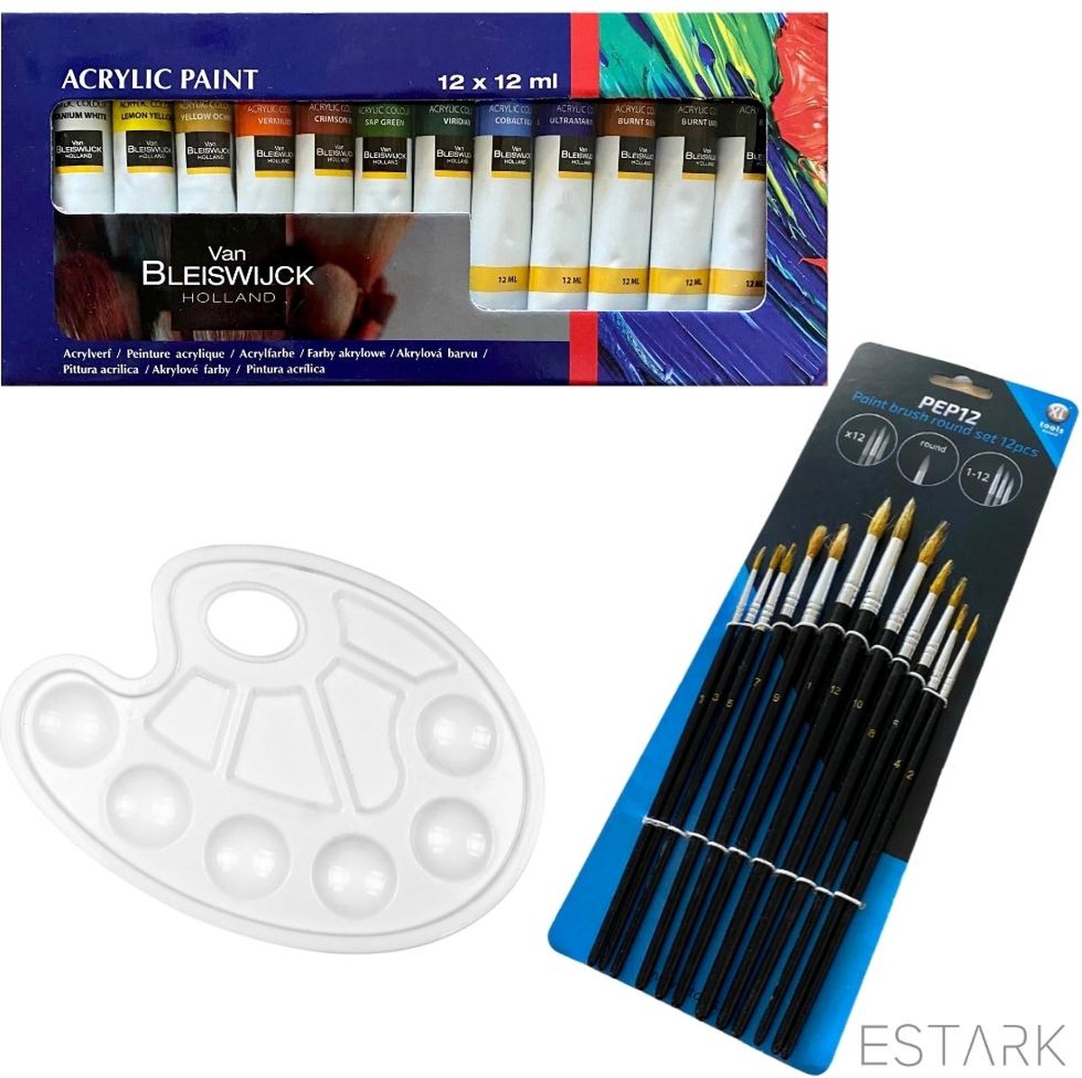 ESTARK® Professionele Acrylverf - Acrylverfset - Acrylic Paint Set - Verf - Verfset - Verven -Schilderen - Kinderen - Hobby - Hoge Kwaliteit Verf - 12 KLEUREN + Schilderspalet + Penselenset