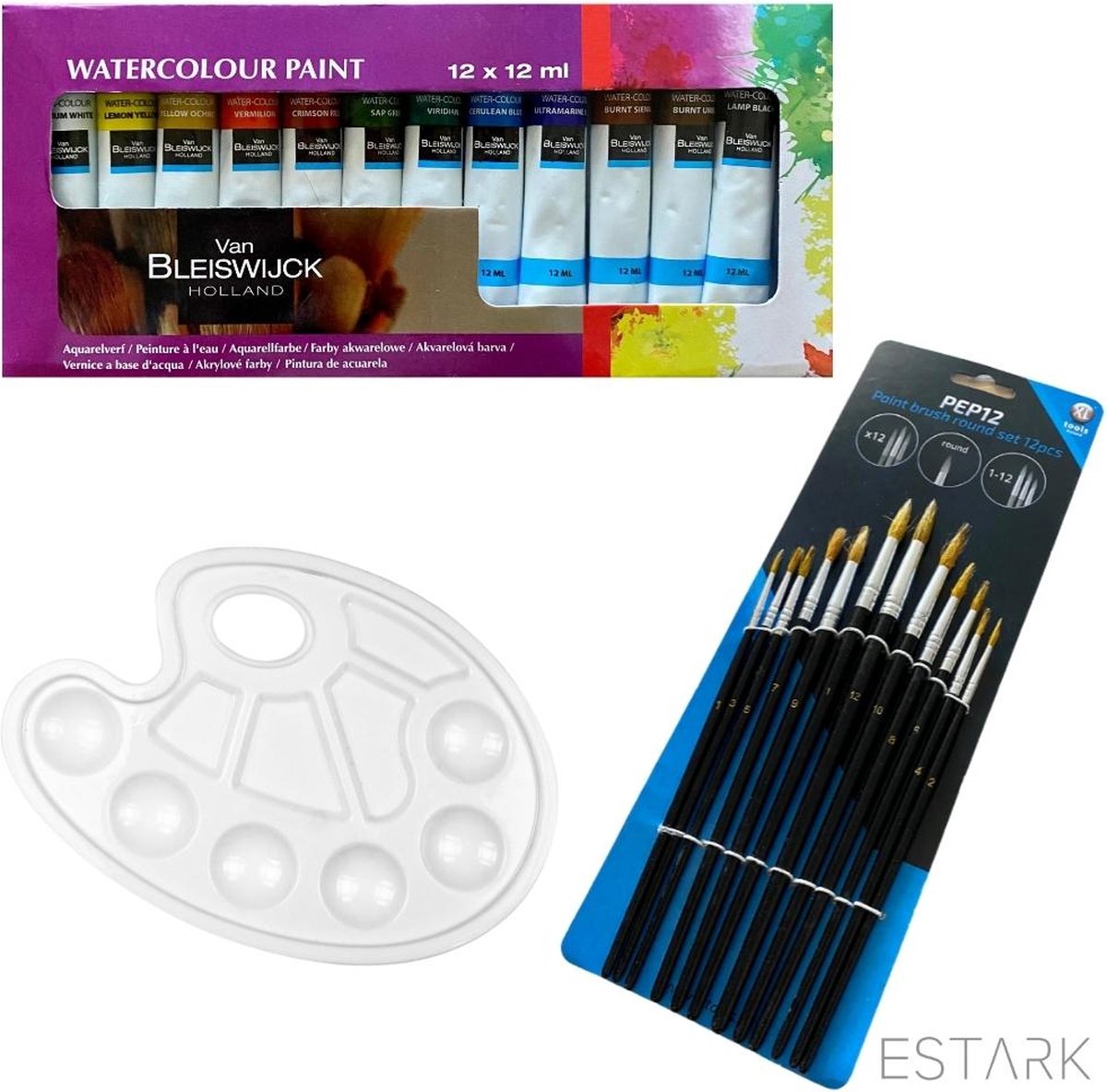 ESTARK® Professionele Aquarelverf - Waterverf - Watercolour Paint Set - Verf - Verfset - Verven -Schilderen - Volwassenen - Kinderen - Hobby - Hoge Kwaliteit Verf - 12 KLEUREN + Schilderspalet + Penselenset