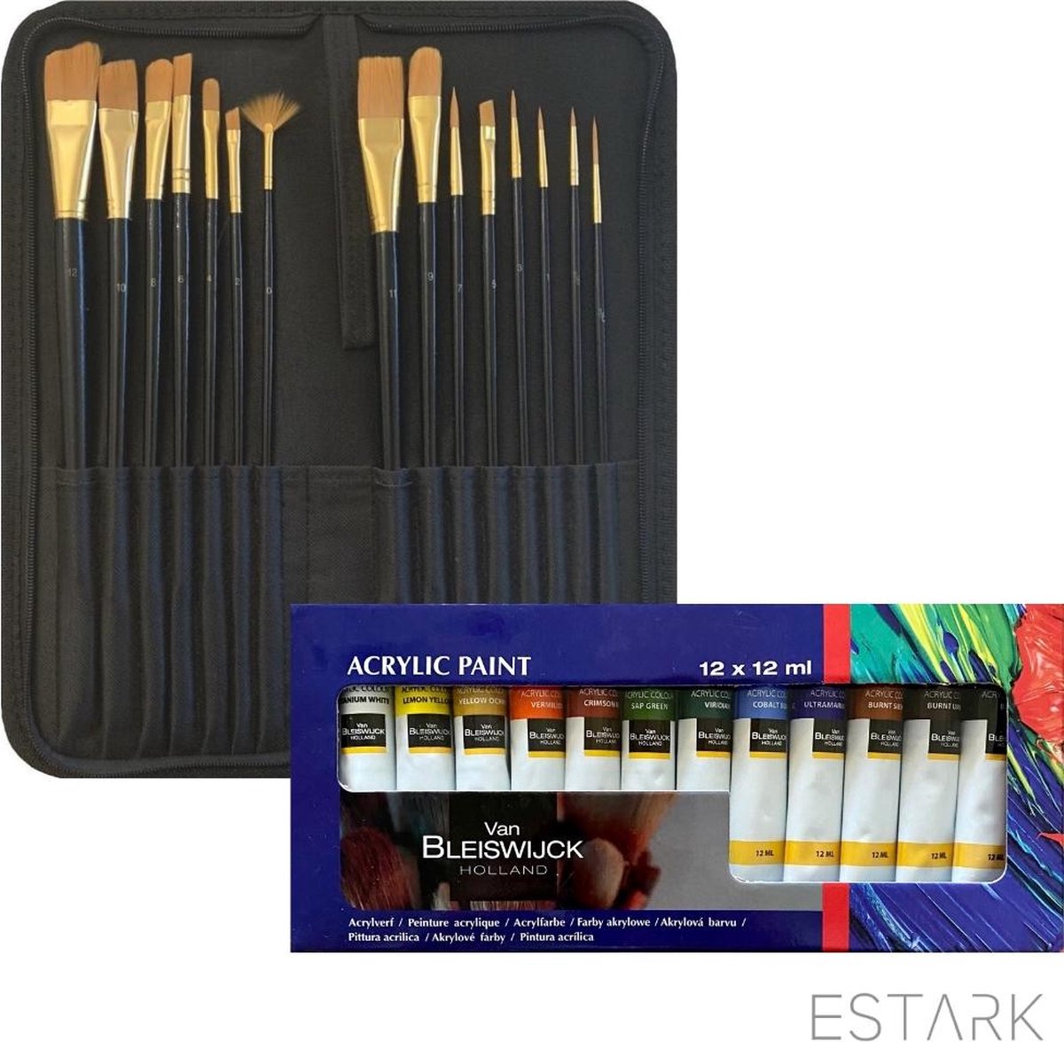 ESTARK® Verfset - 15 Penselen in Etui + Acrylverf - Penselen - Kwasten - Kwastenset - Penselenset - Verf - Verven - Schilder - Schilderen - Acrylverf - In Handige Etui - 15-DELIG - Kwalitatieve Set (15A)