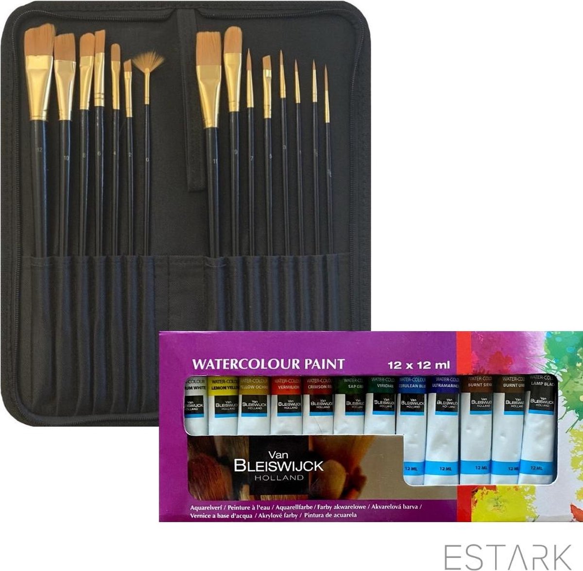 ESTARK® Verfset - 15 Penselen in Etui + Aquarellverf - Penselen - Kwasten - Kwastenset - Penselenset - Verf - Verven - Schilder - Schilderen - waterverf - In Handige Etui - 15-DELIG - Kwalitatieve Set (15W)