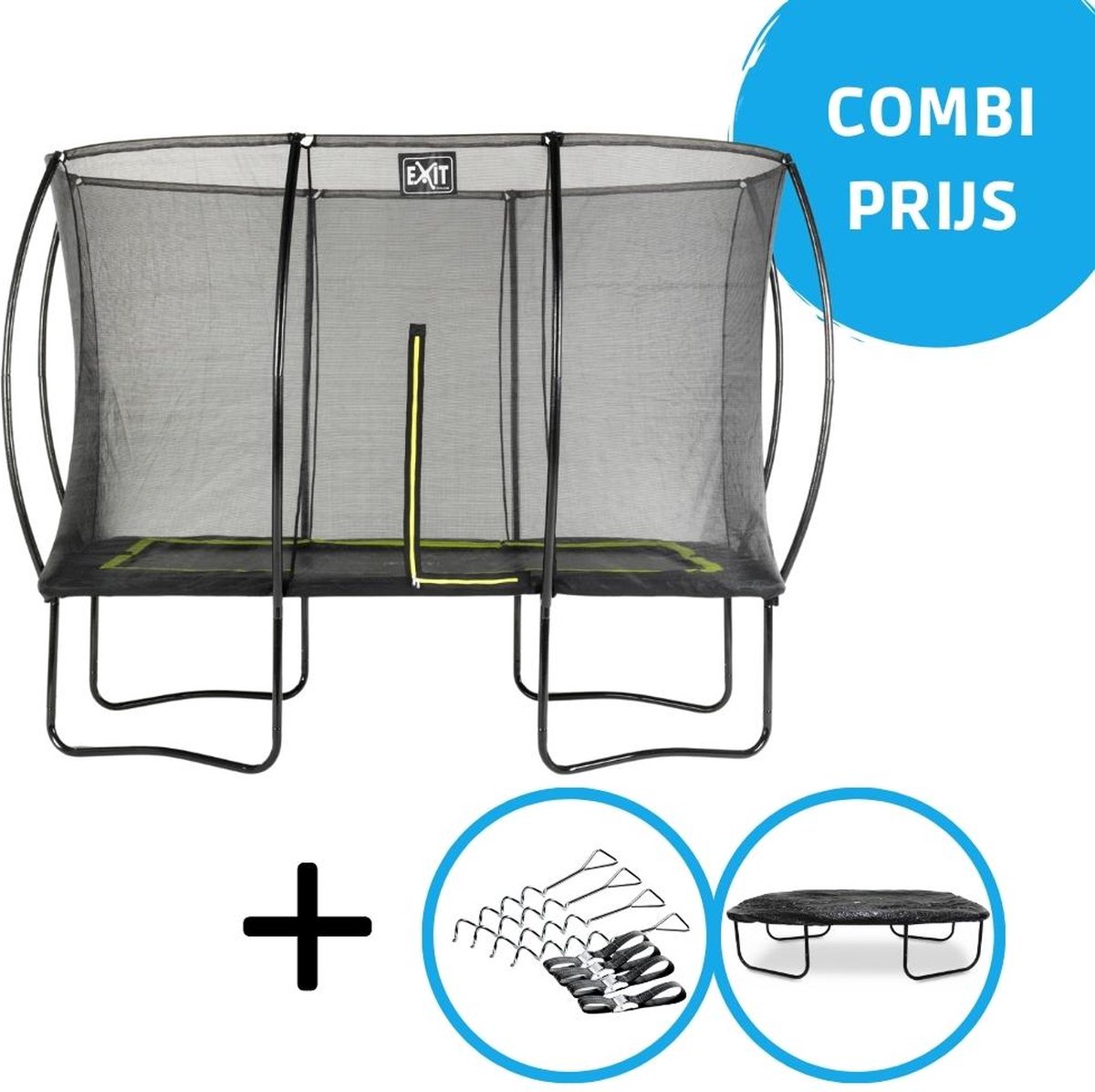 EXIT - Trampoline met Veiligheidsnet,  Verankeringsset en afdekhoes - Op Poten - Silhouette - Rechthoekig - 214x305cm - Zwart