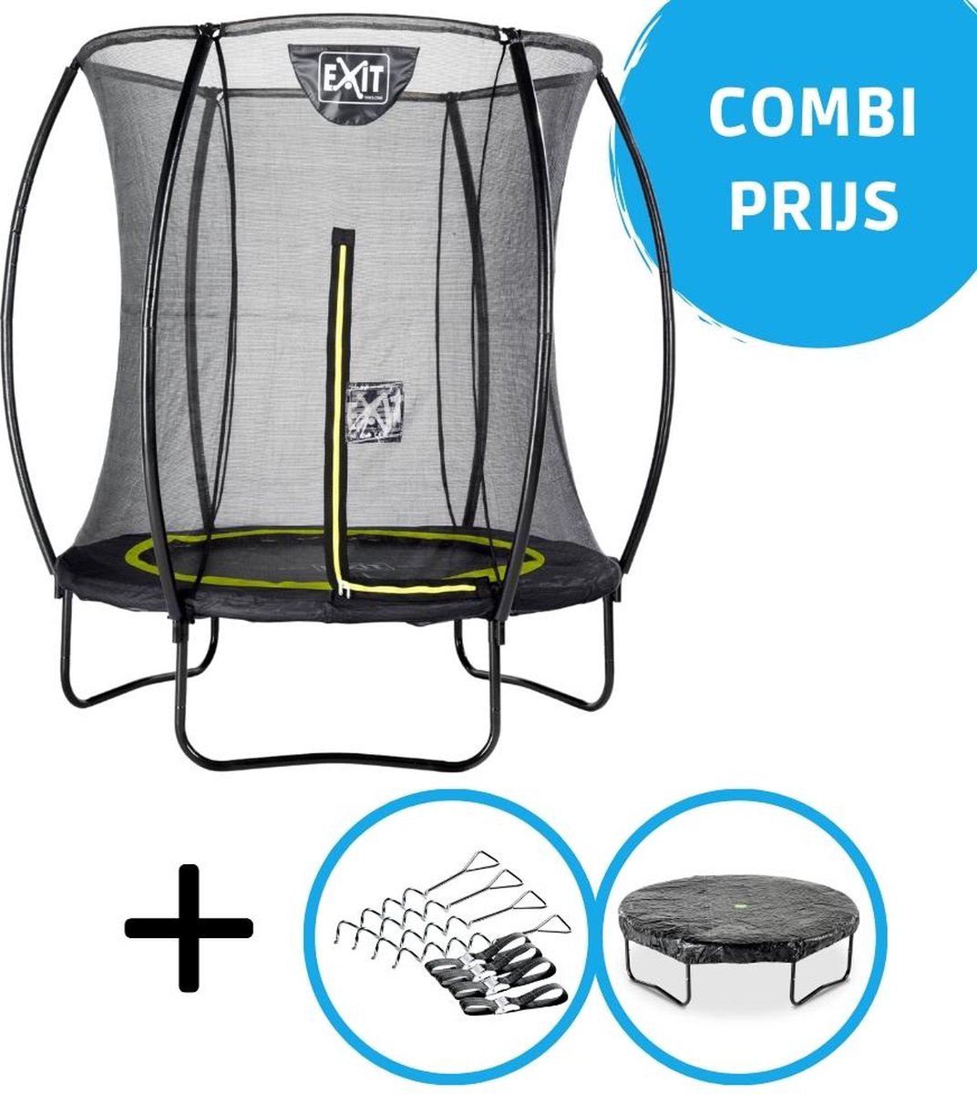 EXIT - Trampoline met Veiligheidsnet,  Verankeringsset en afdekhoes - Op Poten - Silhouette - Rond - ø183cm - Zwart