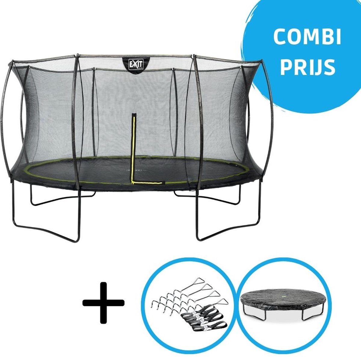 EXIT - Trampoline met Veiligheidsnet,  Verankeringsset en afdekhoes - Op Poten - Silhouette - Rond - ø366cm - Zwart