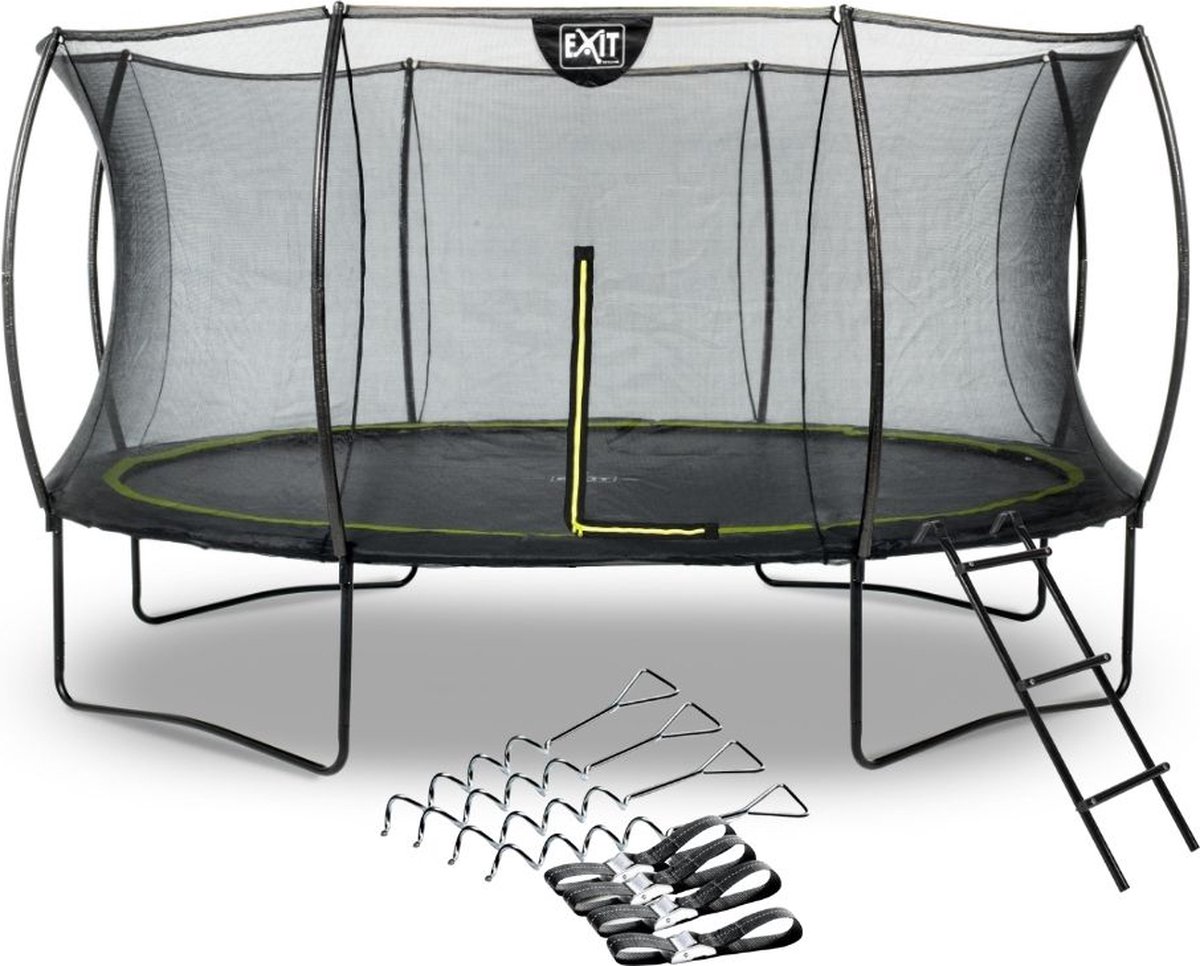 EXIT - Trampoline met Veiligheidsnet,  Verankeringsset en ladder - Op Poten - Silhouette - Rond - ø427cm - Zwart