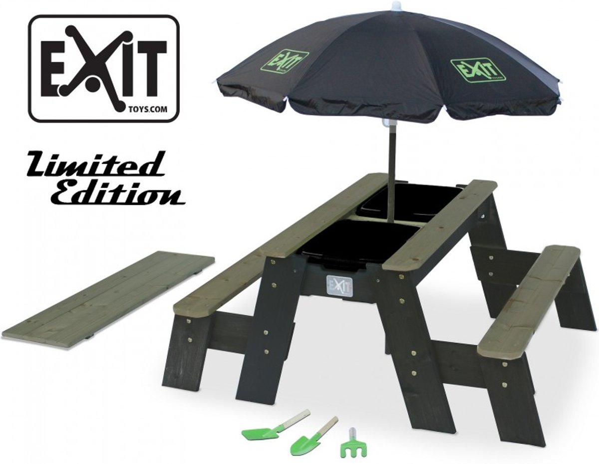   Aksent Zandtafel Watertafel en Picknicktafel (2 bankjes) + Parasol Black Limited Edition + Garden Tools
