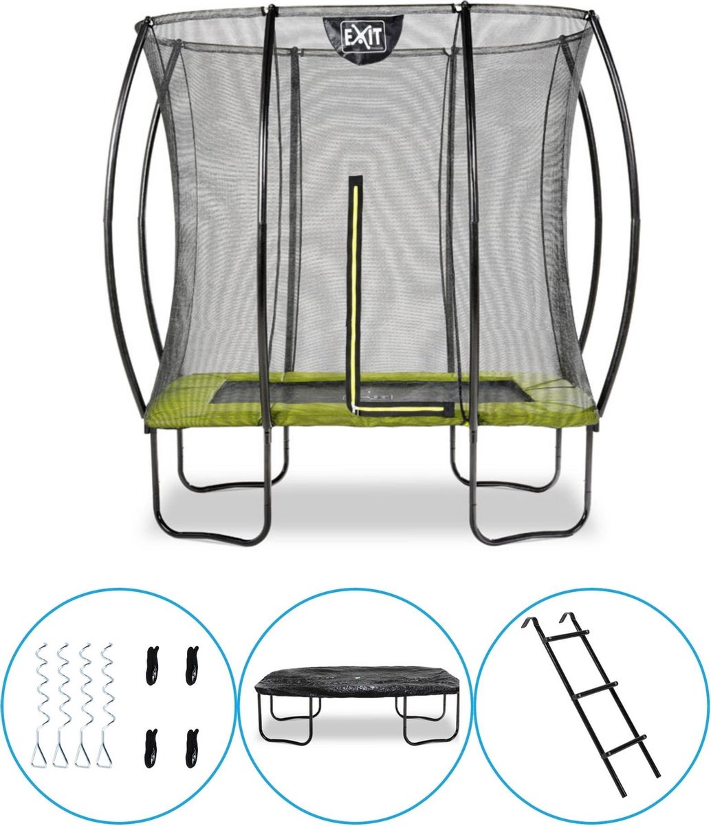 EXIT Toys - Trampoline Met Veiligheidsnet - Op Poten - Silhouette - Rechthoekig - 153x214cm - Groen - Inclusief Ladder, Afdekhoes en Verankeringsset