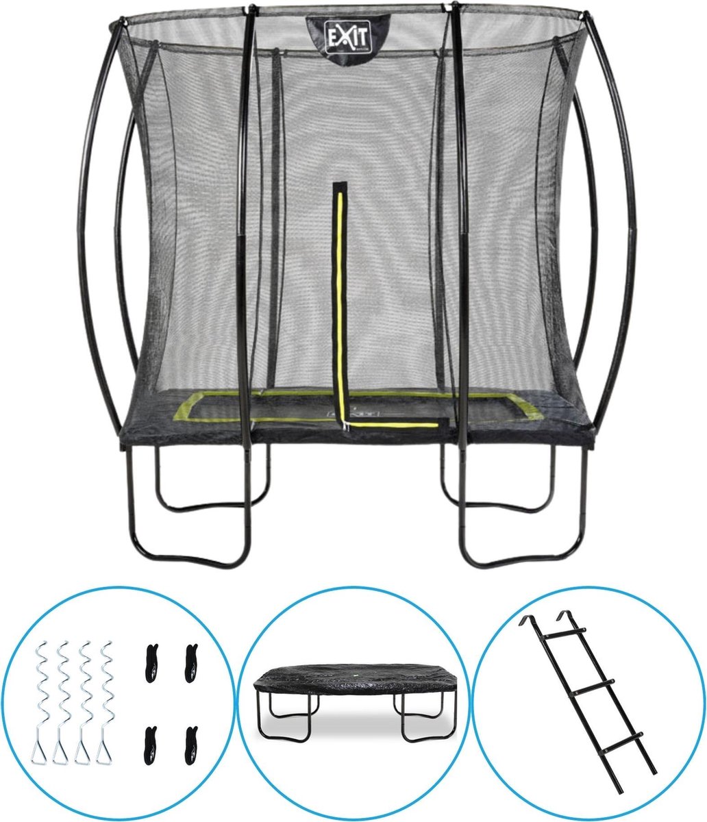 EXIT Toys - Trampoline Met Veiligheidsnet - Op Poten - Silhouette - Rechthoekig - 153x214cm - Zwart - Inclusief Ladder, Afdekhoes en Verankeringsset