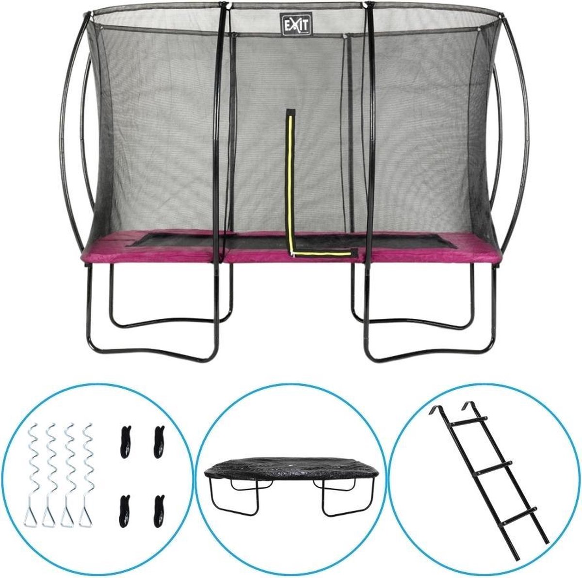 EXIT Toys - Trampoline Met Veiligheidsnet - Op Poten - Silhouette - Rechthoekig - 214x305cm - Roze - Inclusief Ladder, Afdekhoes en Verankeringsset