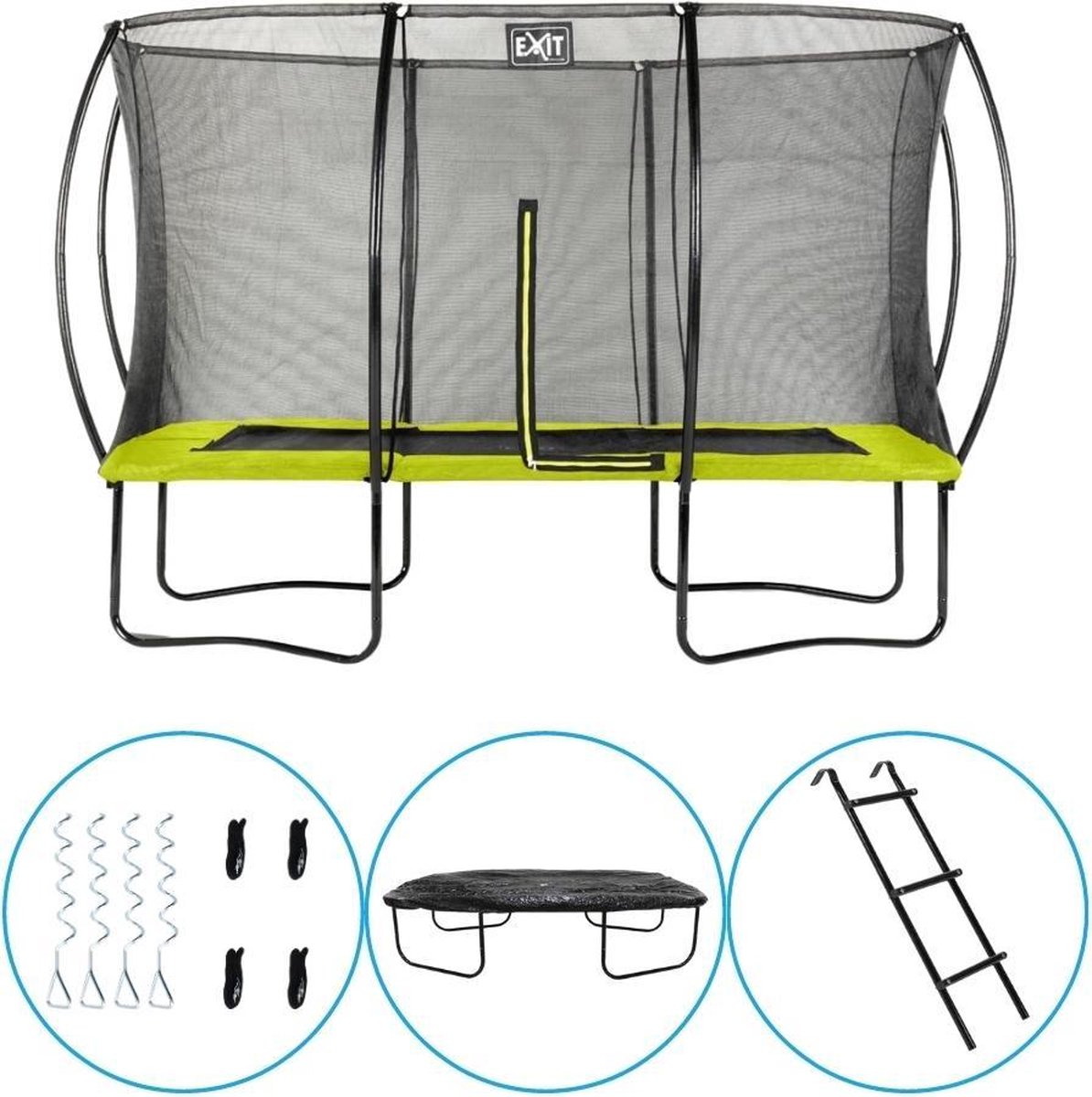 EXIT Toys - Trampoline Met Veiligheidsnet - Op Poten - Silhouette - Rechthoekig - 244x366cm - Groen - Inclusief Ladder, Afdekhoes en Verankeringsset