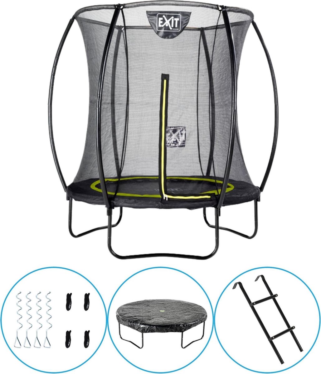 EXIT Toys - Trampoline Met Veiligheidsnet - Op Poten - Silhouette - Rond - ø183cm - Zwart - Inclusief Ladder, Afdekhoes en Verankeringsset