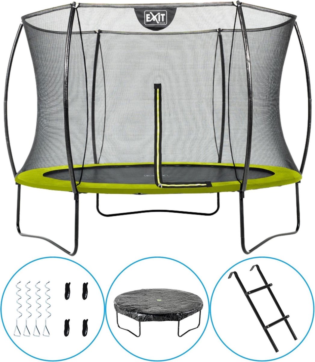 EXIT Toys - Trampoline Met Veiligheidsnet - Op Poten - Silhouette - Rond - ø244cm - Groen - Inclusief Ladder, Afdekhoes en Verankeringsset