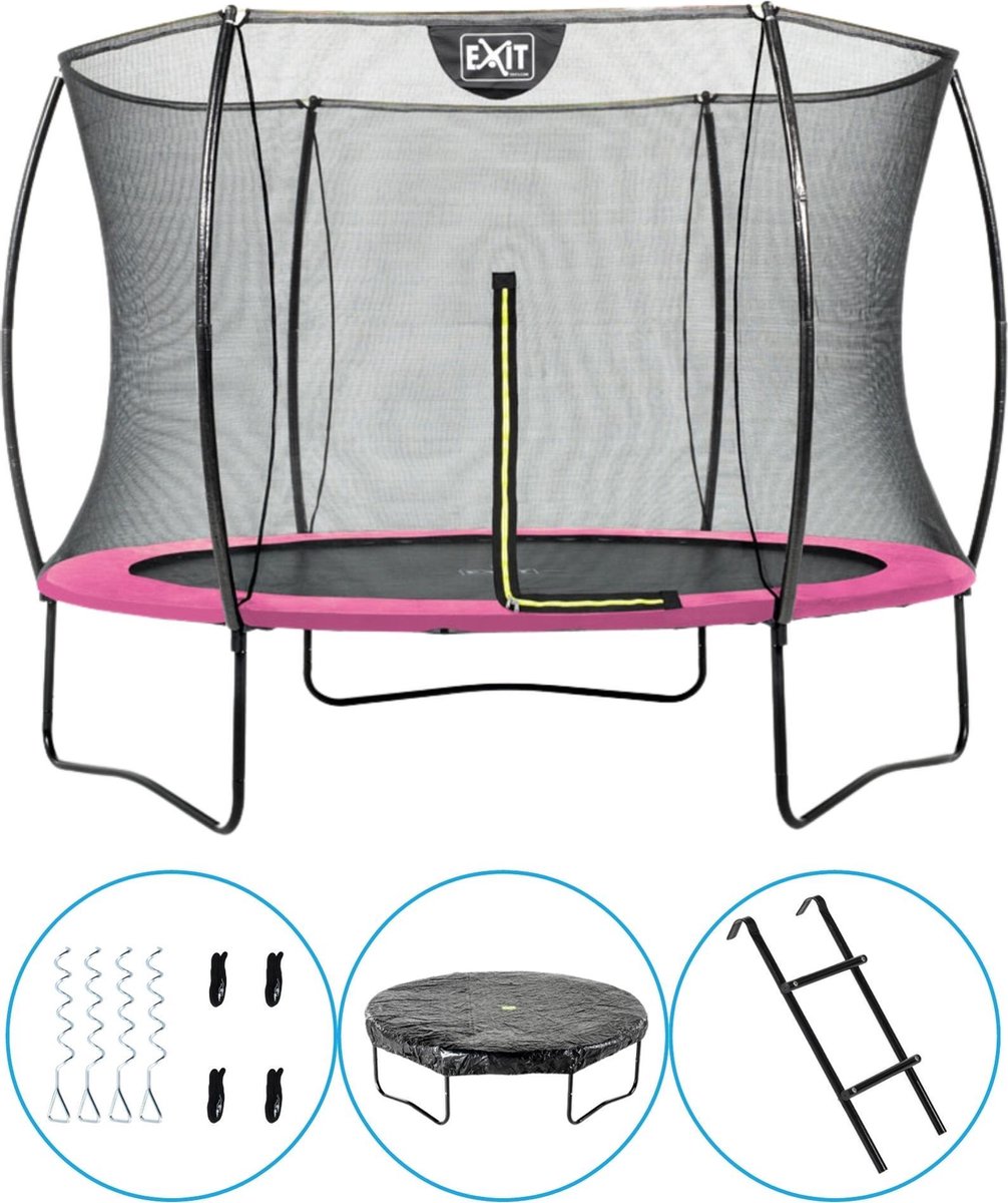 EXIT Toys - Trampoline Met Veiligheidsnet - Op Poten - Silhouette - Rond - ø244cm - Roze - Inclusief Ladder, Afdekhoes en Verankeringsset