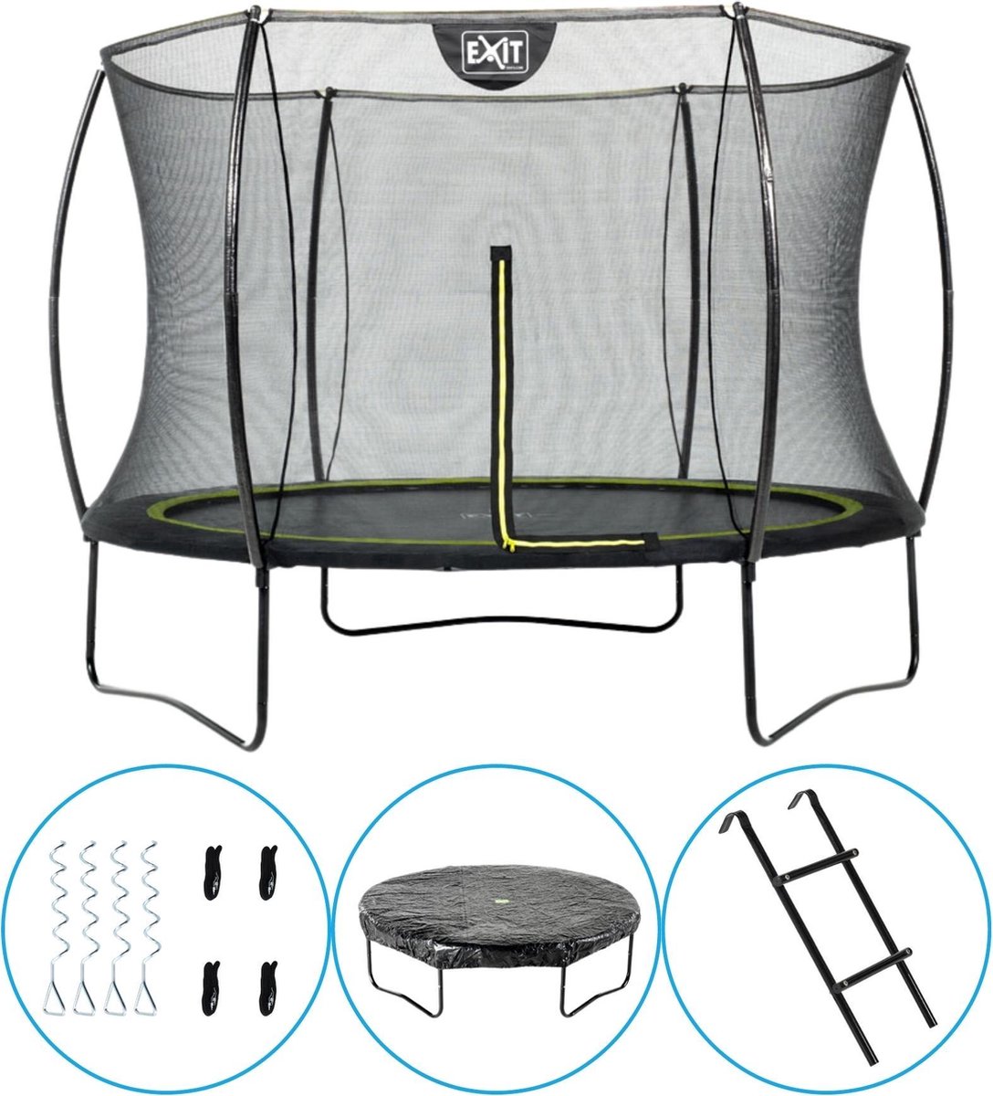 EXIT Toys - Trampoline Met Veiligheidsnet - Op Poten - Silhouette - Rond - ø244cm - Zwart - Inclusief Ladder, Afdekhoes en Verankeringsset