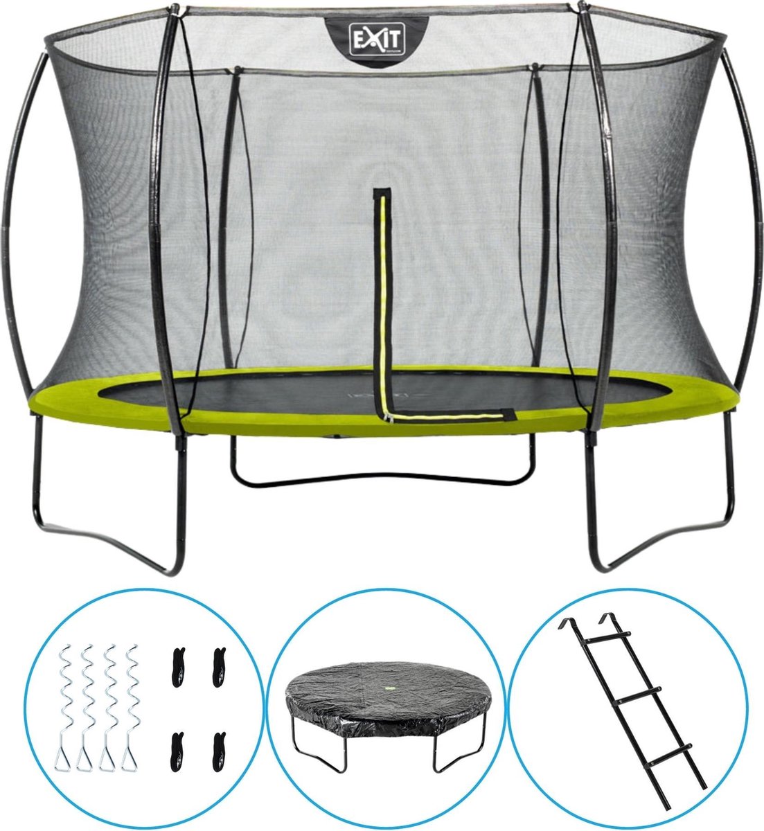 EXIT Toys - Trampoline Met Veiligheidsnet - Op Poten - Silhouette - Rond - ø305cm - Groen - Inclusief Ladder, Afdekhoes en Verankeringsset