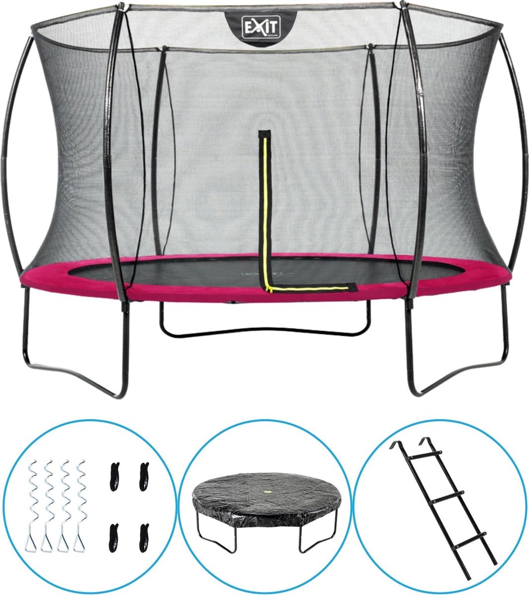 EXIT Toys - Trampoline Met Veiligheidsnet - Op Poten - Silhouette - Rond - ø305cm - Roze - Inclusief Ladder, Afdekhoes en Verankeringsset