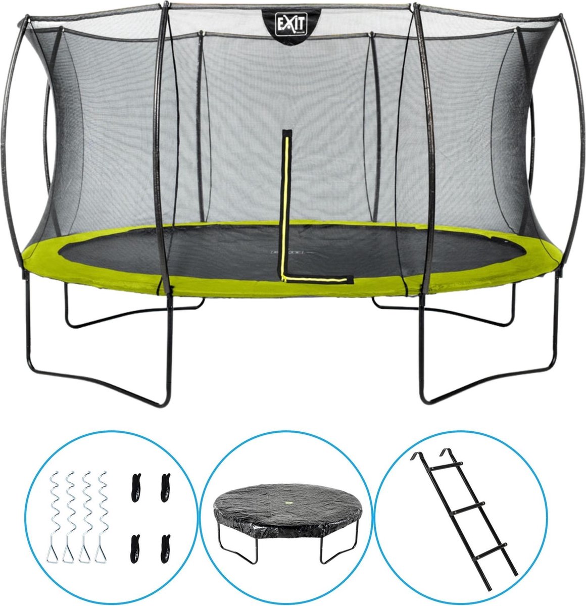 EXIT Toys - Trampoline Met Veiligheidsnet - Op Poten - Silhouette - Rond - ø366cm - Groen - Inclusief Ladder, Afdekhoes en Verankeringsset