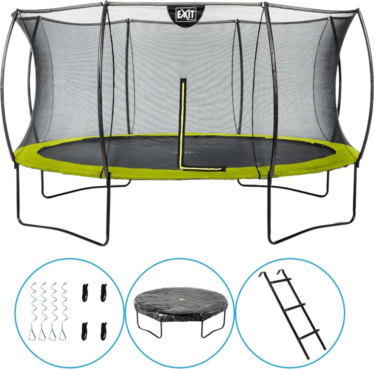 EXIT Toys - Trampoline Met Veiligheidsnet - Op Poten - Silhouette - Rond - ø427cm - Groen - Inclusief Ladder, Afdekhoes en Verankeringsset