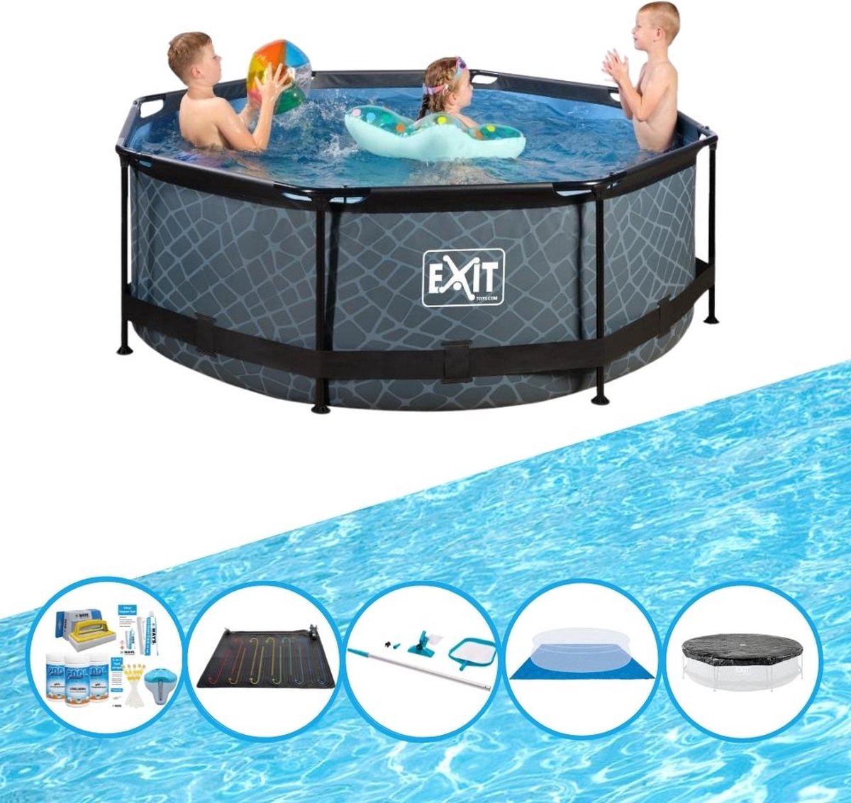 EXIT Zwembad Stone Grey - Frame Pool ø244x76cm - Inclusief accessoires