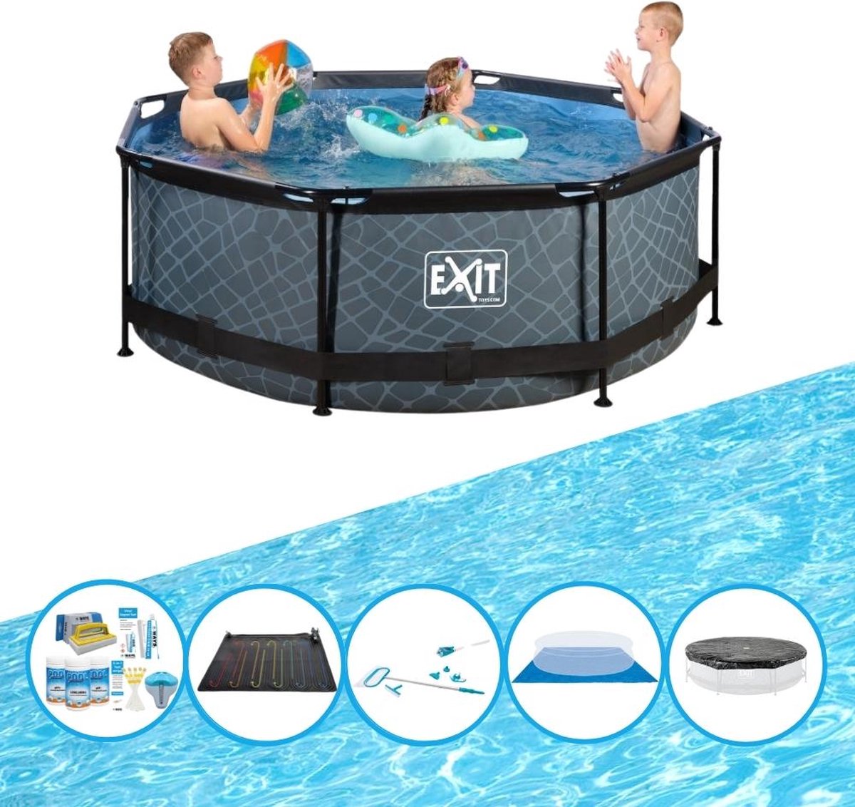 EXIT Zwembad Stone Grey - Frame Pool ø244x76cm - Inclusief bijbehorende accessoires