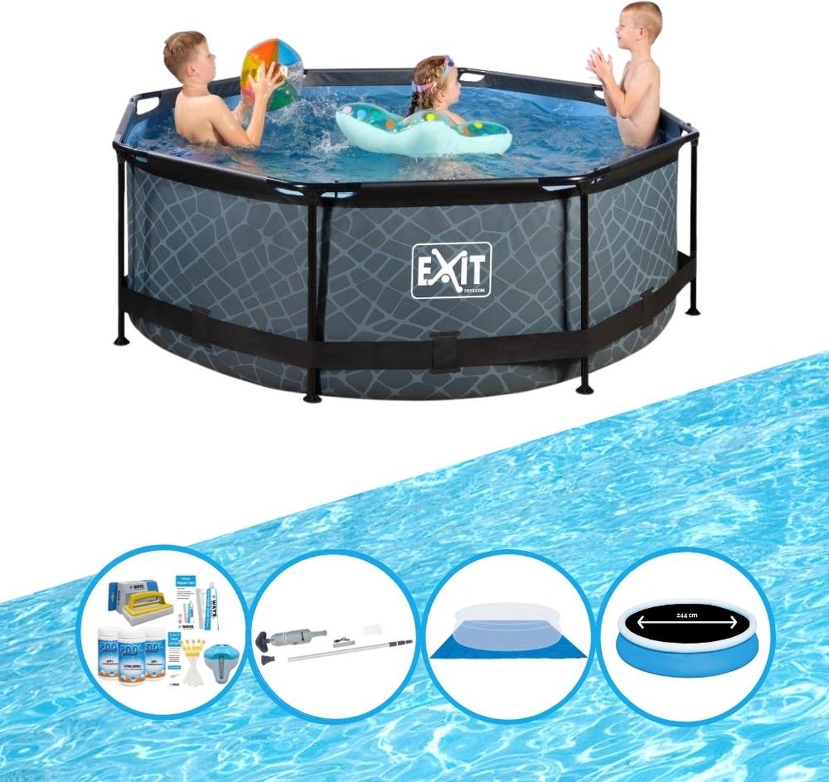 EXIT Zwembad Stone Grey - Frame Pool ø244x76cm - Plus bijbehorende accessoires