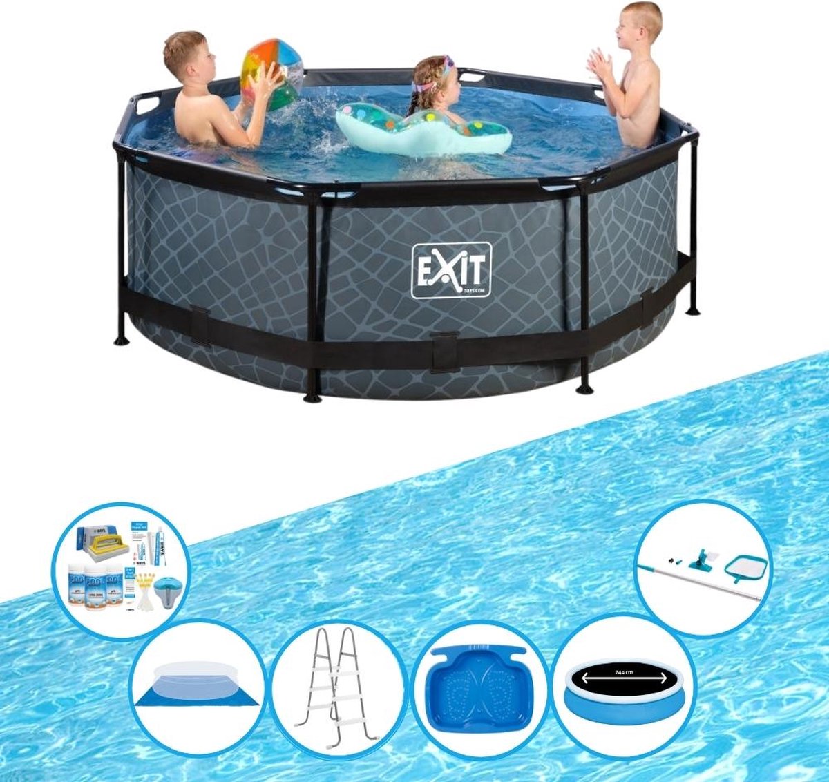 EXIT Zwembad Stone Grey - Frame Pool ø244x76cm - Super Set