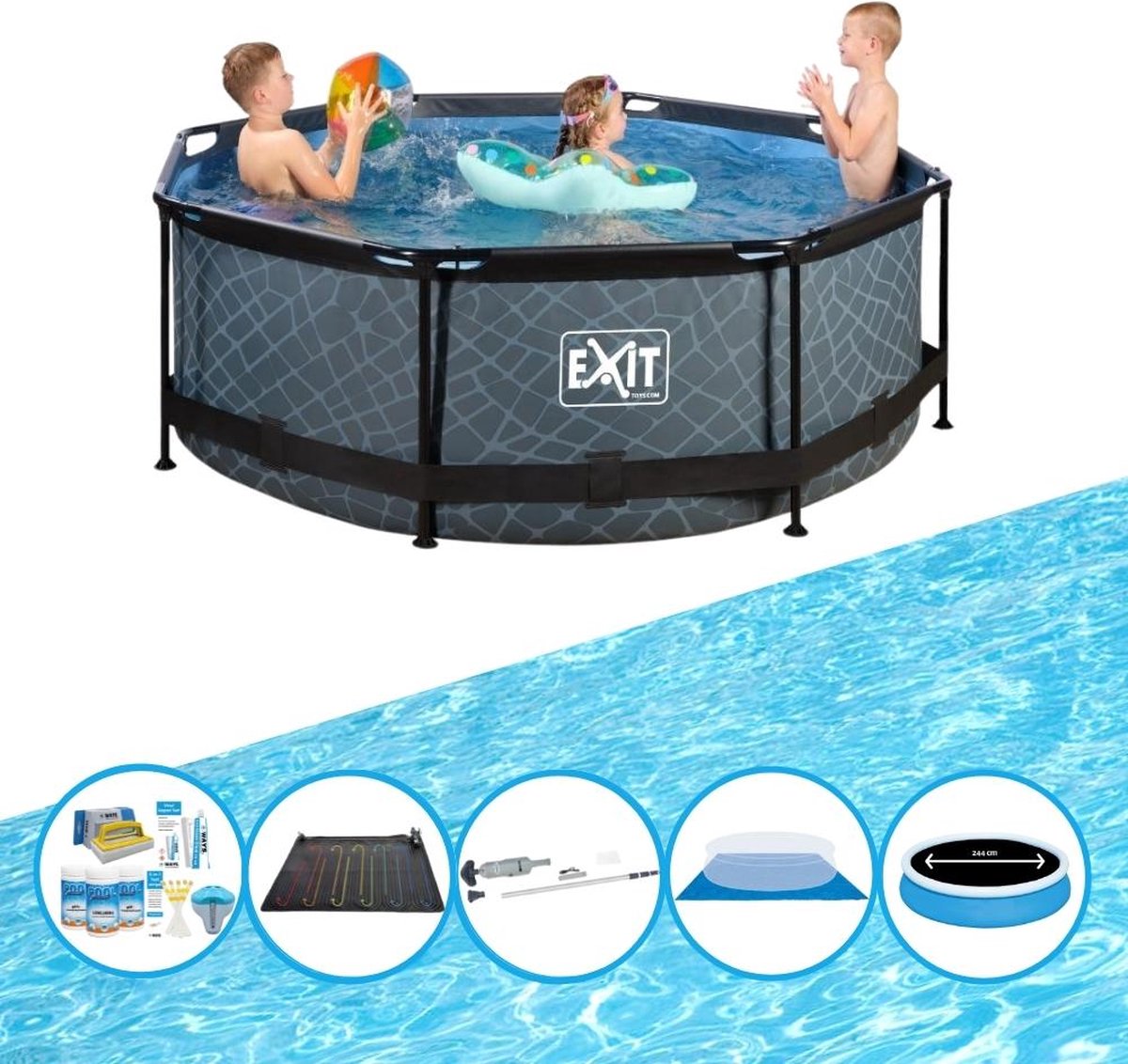 EXIT Zwembad Stone Grey - Frame Pool ø244x76cm - Zwembad Combi Deal