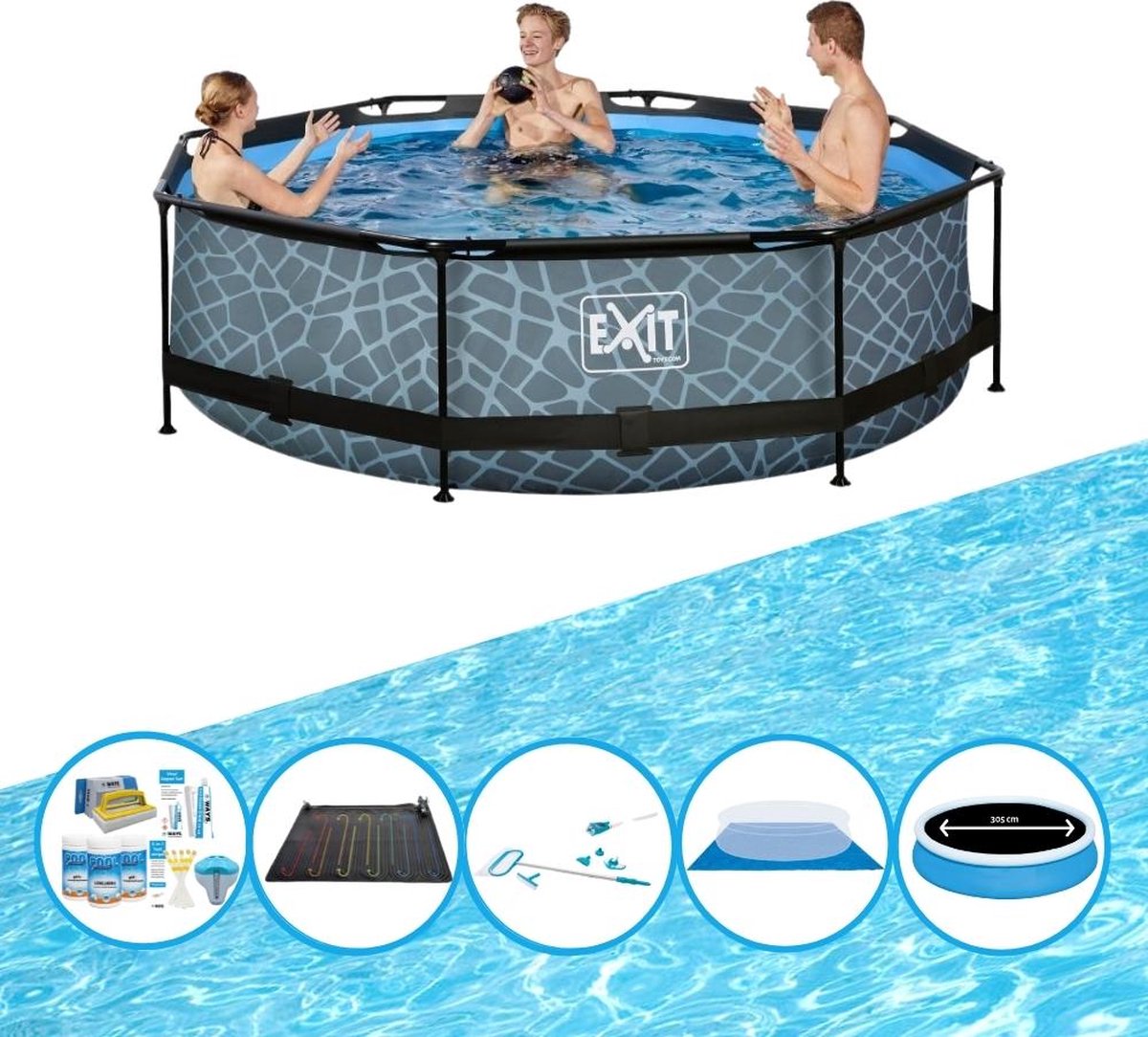 EXIT Zwembad Stone Grey - Frame Pool ø300x76cm - Bundelpakket