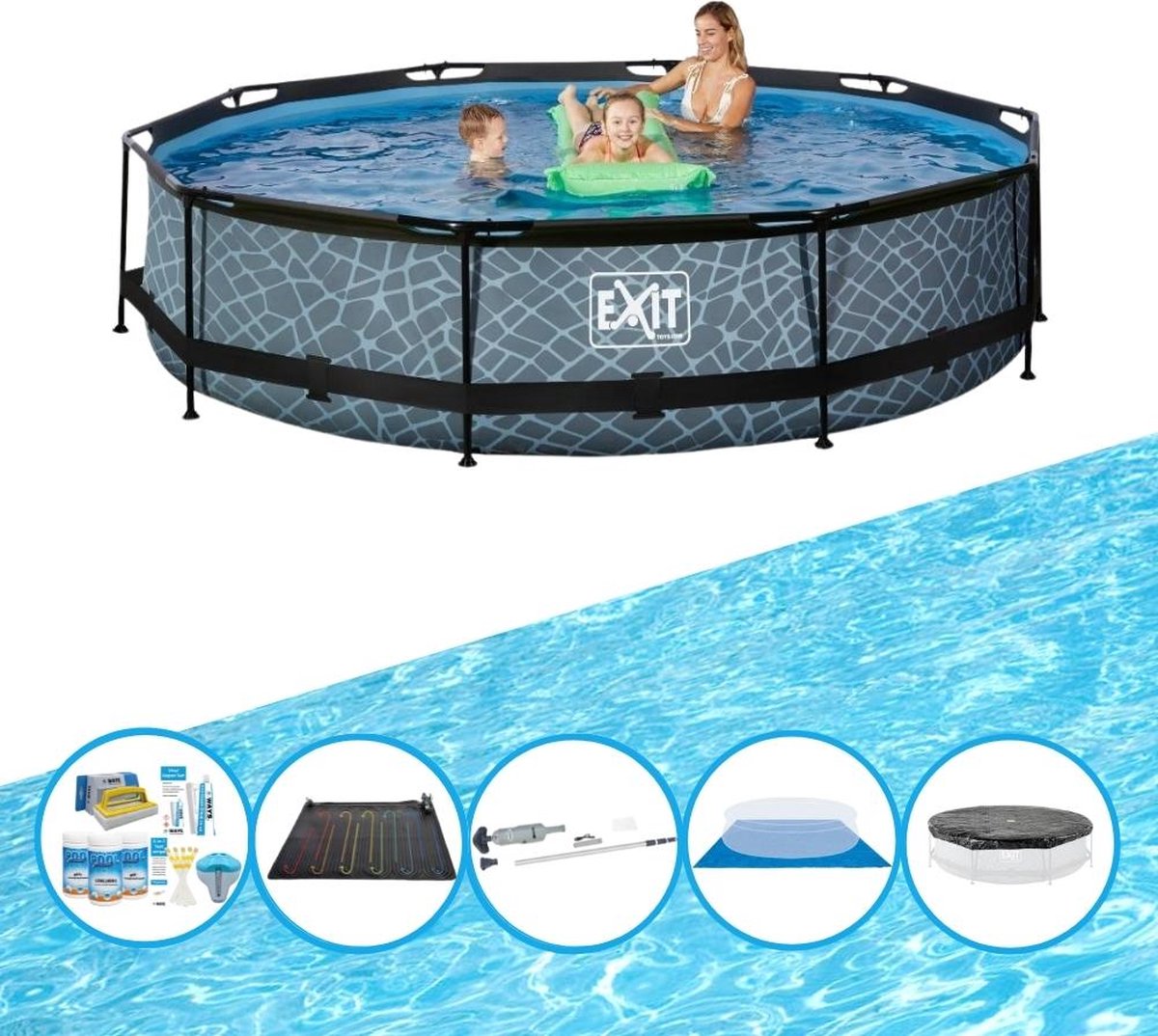 EXIT Zwembad Stone Grey - Frame Pool ø360x76cm - Met accessoires