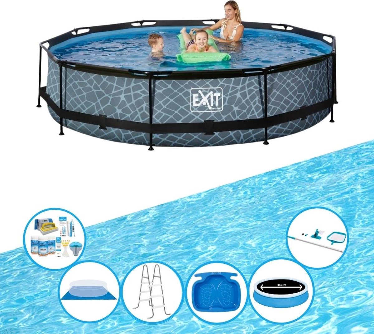 EXIT Zwembad Stone Grey - Frame Pool ø360x76cm - Super Set